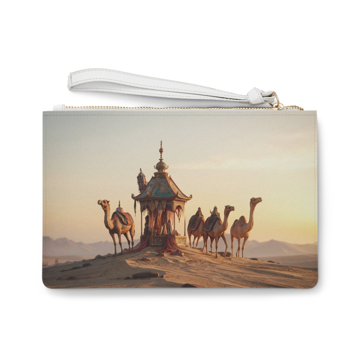 Desert Mirage Clutch Bag – Ornate Pavilion & Camels at Sunset