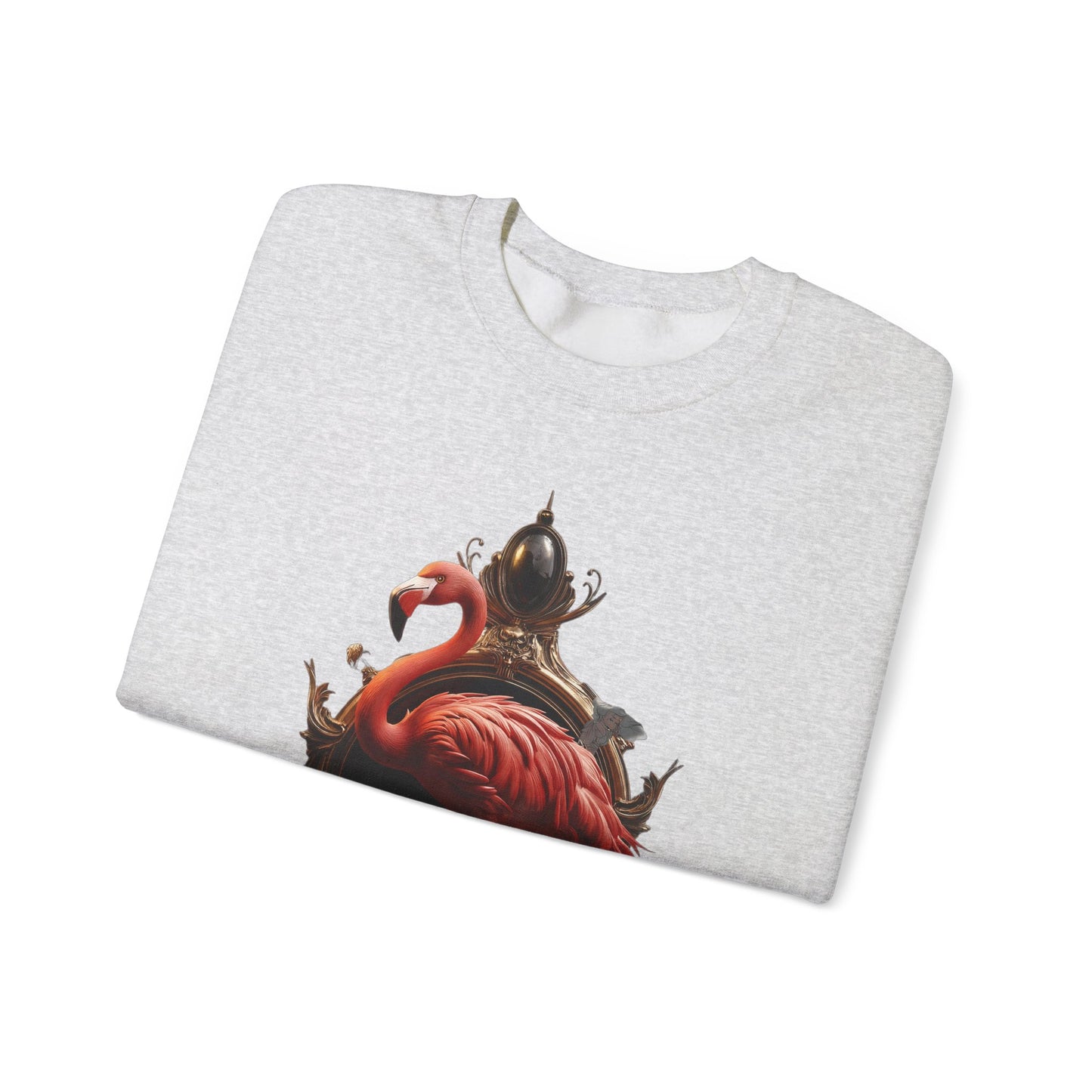 The Ritz Flamingo Unisex Heavy Blend™ Crewneck Sweatshirt – Ornate Gold Frame with Crimson Bird and Whimsical Sentinel