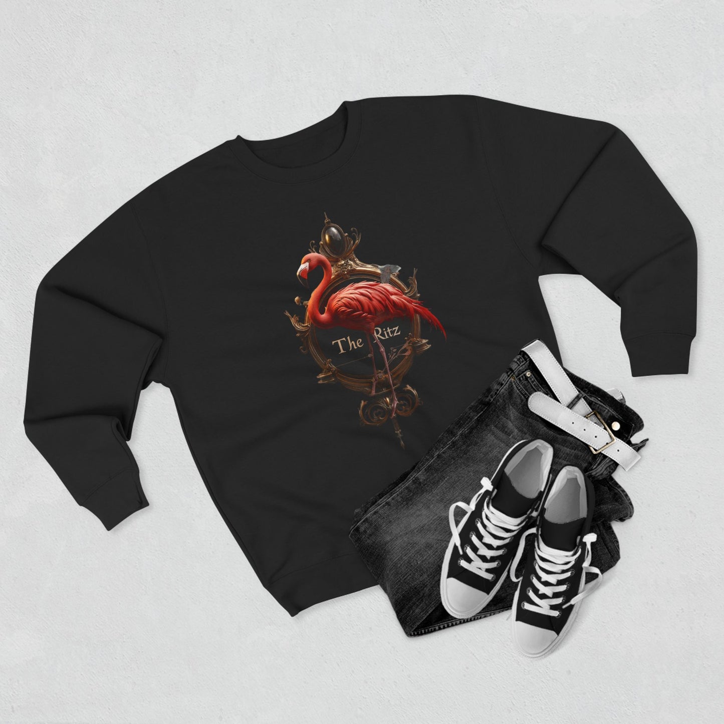 The Ritz Flamingo Unisex Crewneck Sweatshirt – Regal Pink Crest and Ornate Frame