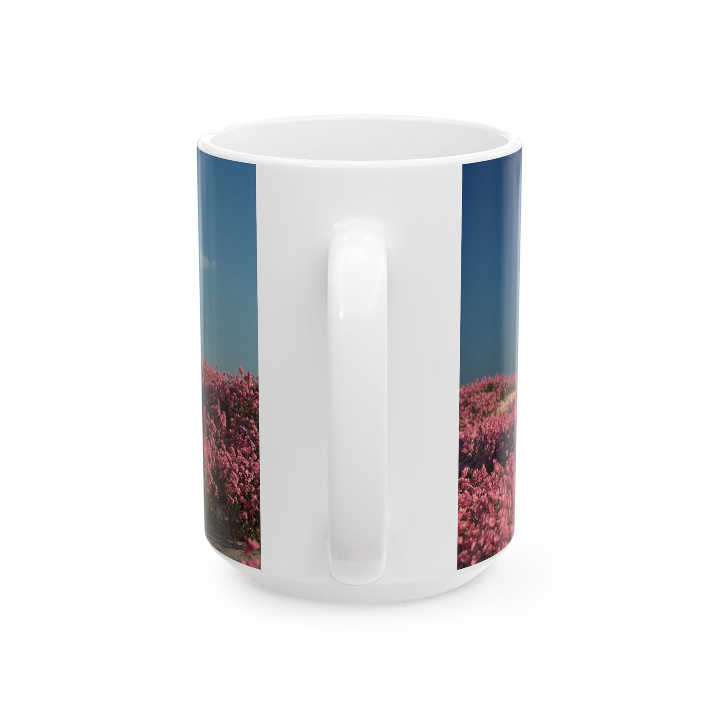Stone Ring in Pink Bloom Field Ceramic Mug – Serene Portal to Wildflowers