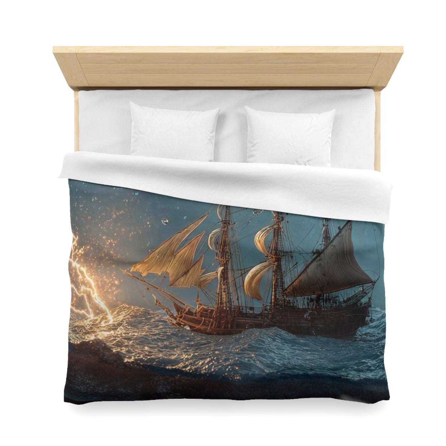 Storm-Sailed Ship in Bottle Microfiber Duvet Cover – Pocketed Ocean Dreamscape