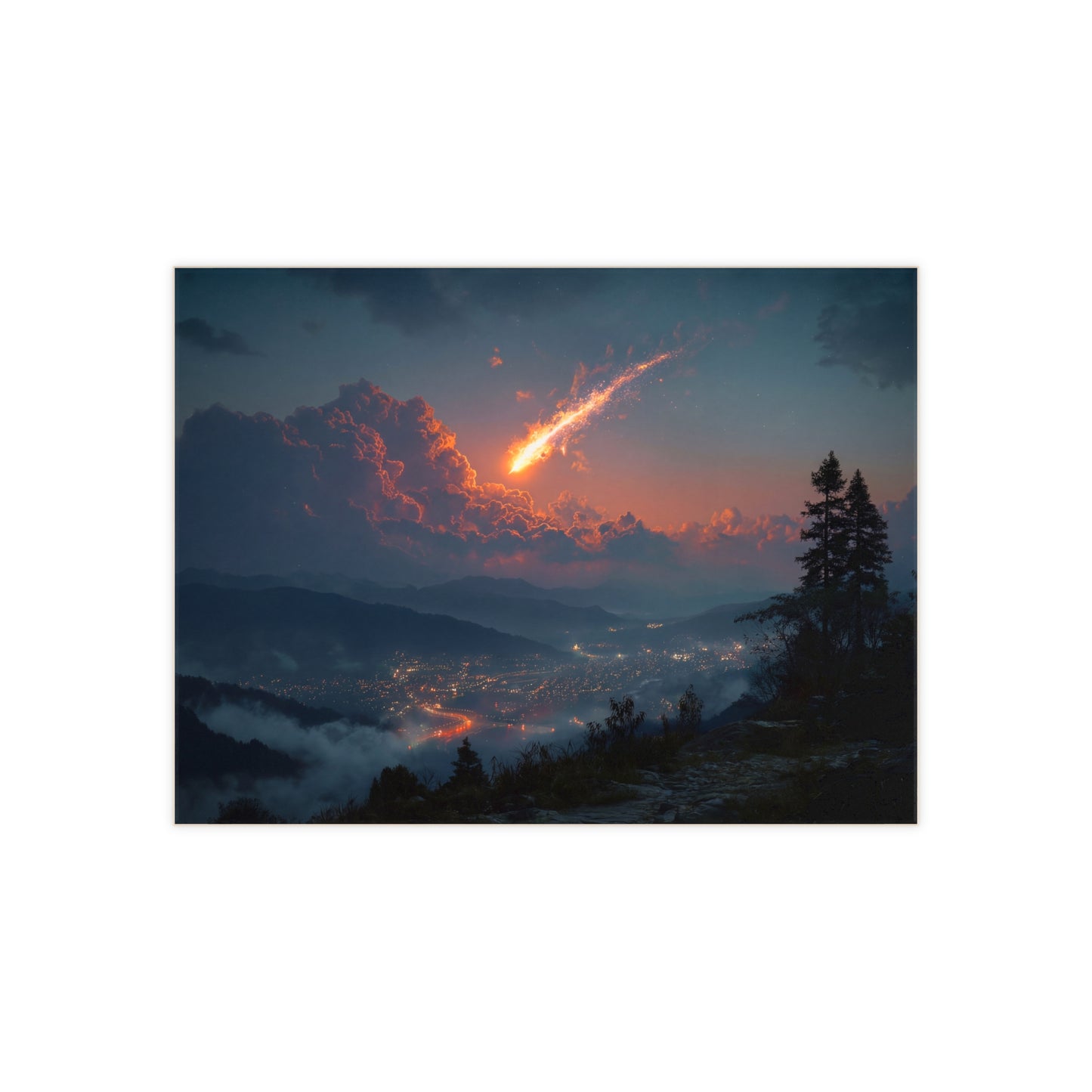 Celestial Fireball Ceramic Photo Tile – Dawn’s Meteor Over Mountain Vale