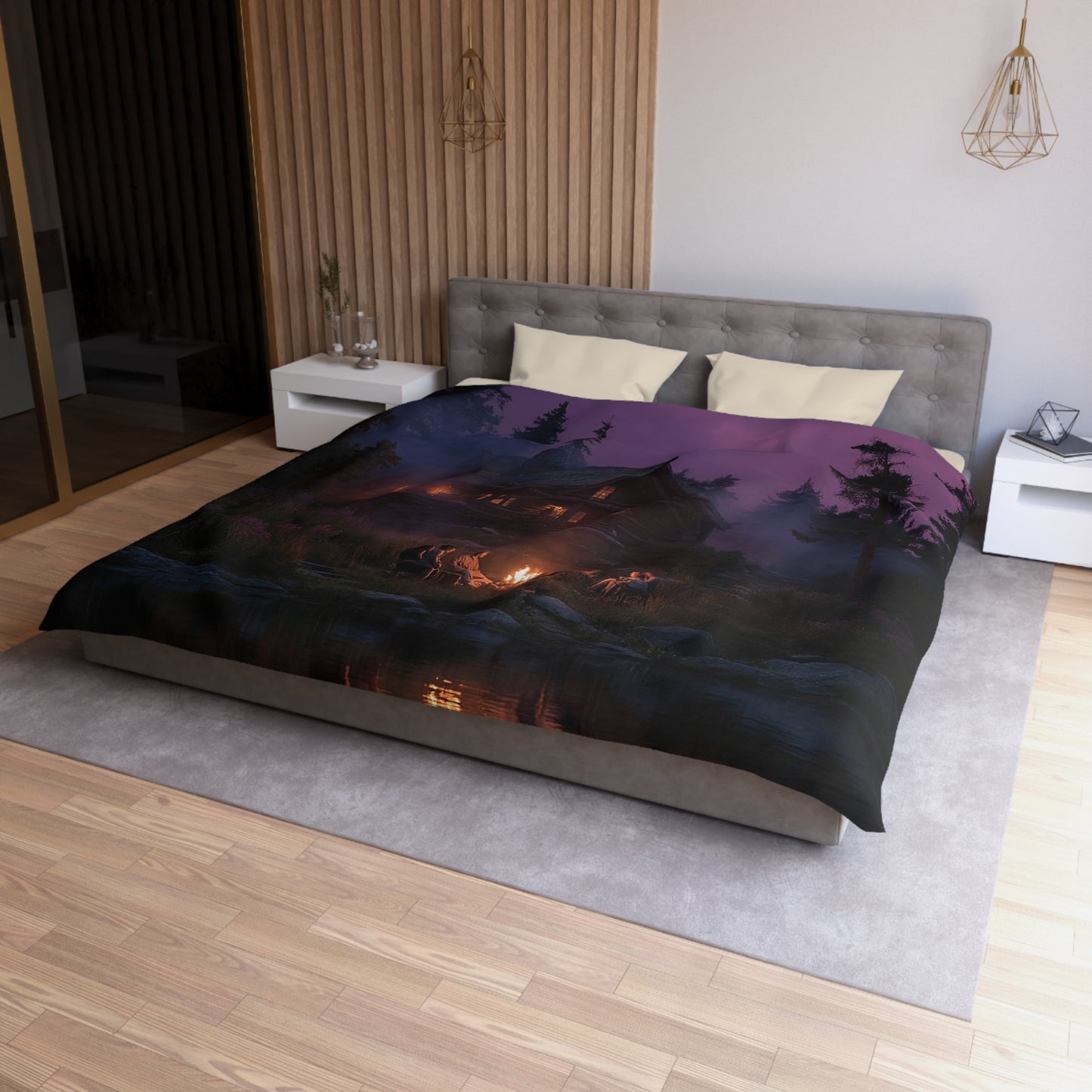 Whispering Pines Campfire Duvet Cover – Twilight Lodge Dreamscape
