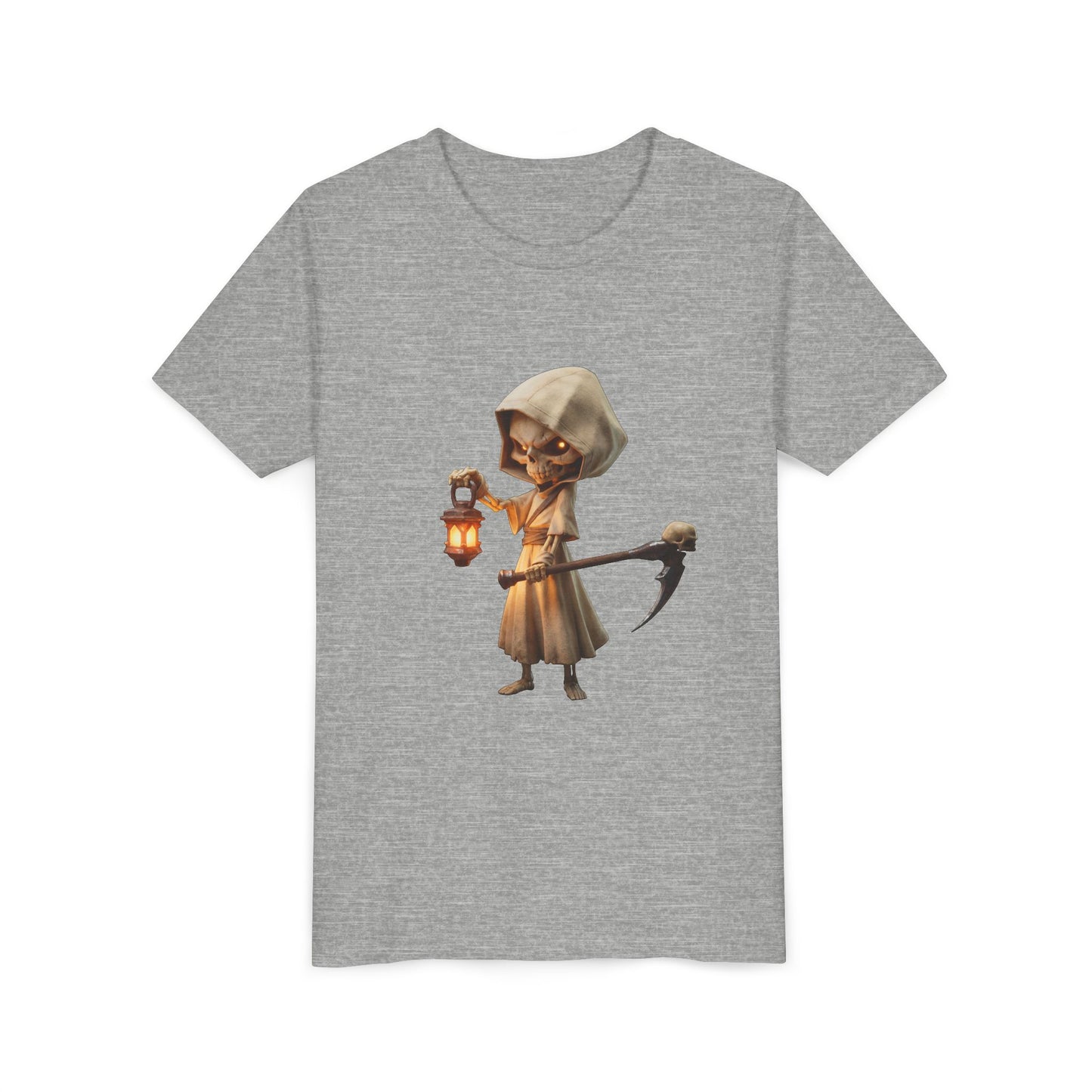 Lantern-Bearing Skeleton Youth Short Sleeve Tee – Hooded Reaper with Scythe