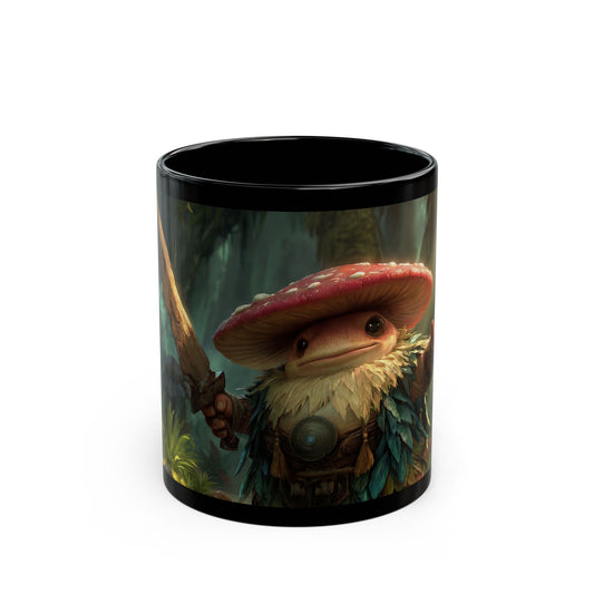 Mushroom Guardian Black Mug – Sunlit Jungle Sentinel