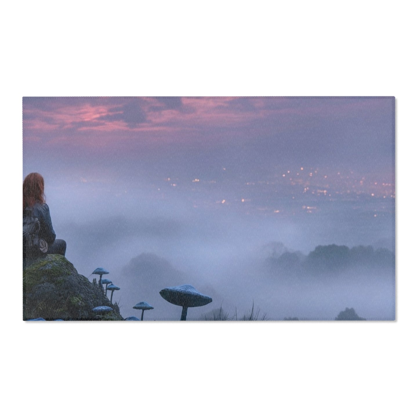Moonlit Sentinel Area Rugs – Crimson Sky Over Misty Peaks