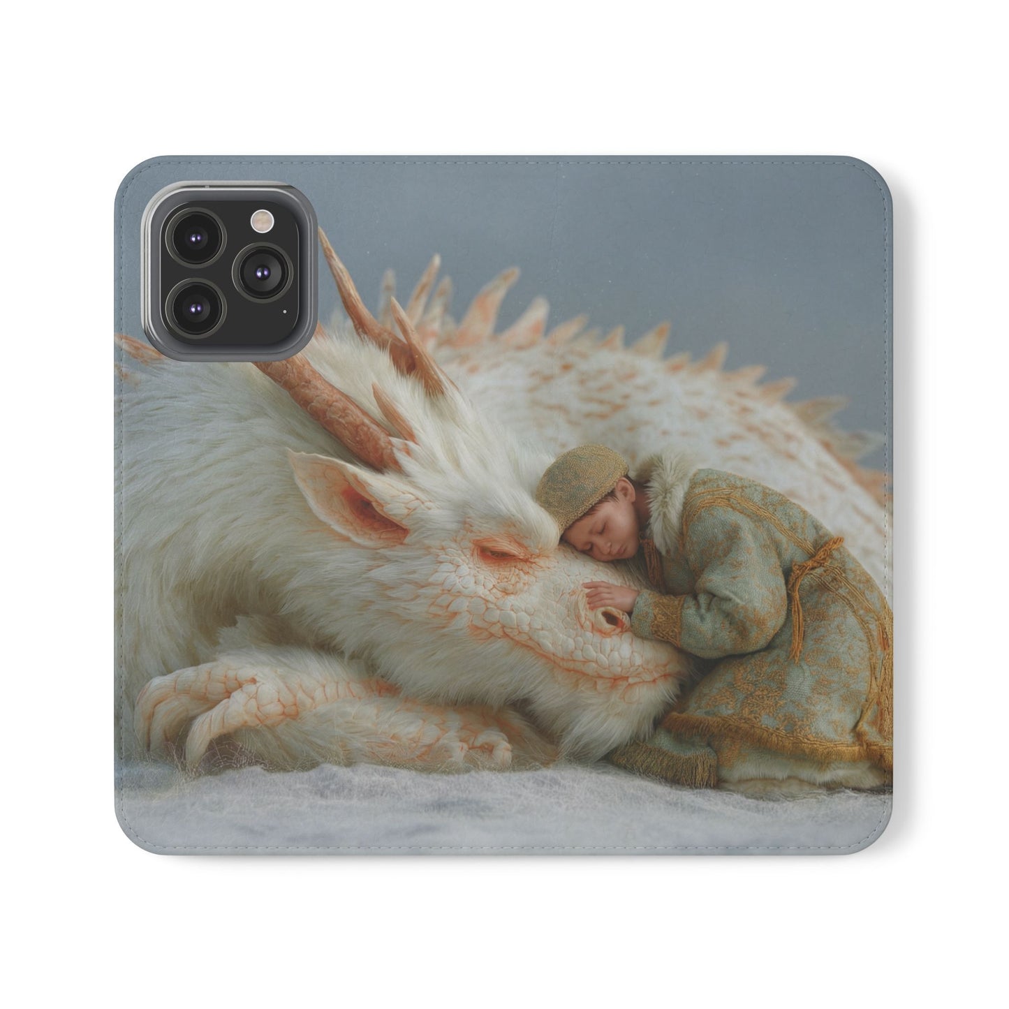 Sleeping Child and Dragon Flip Cases – Snowy Guardian Embrace