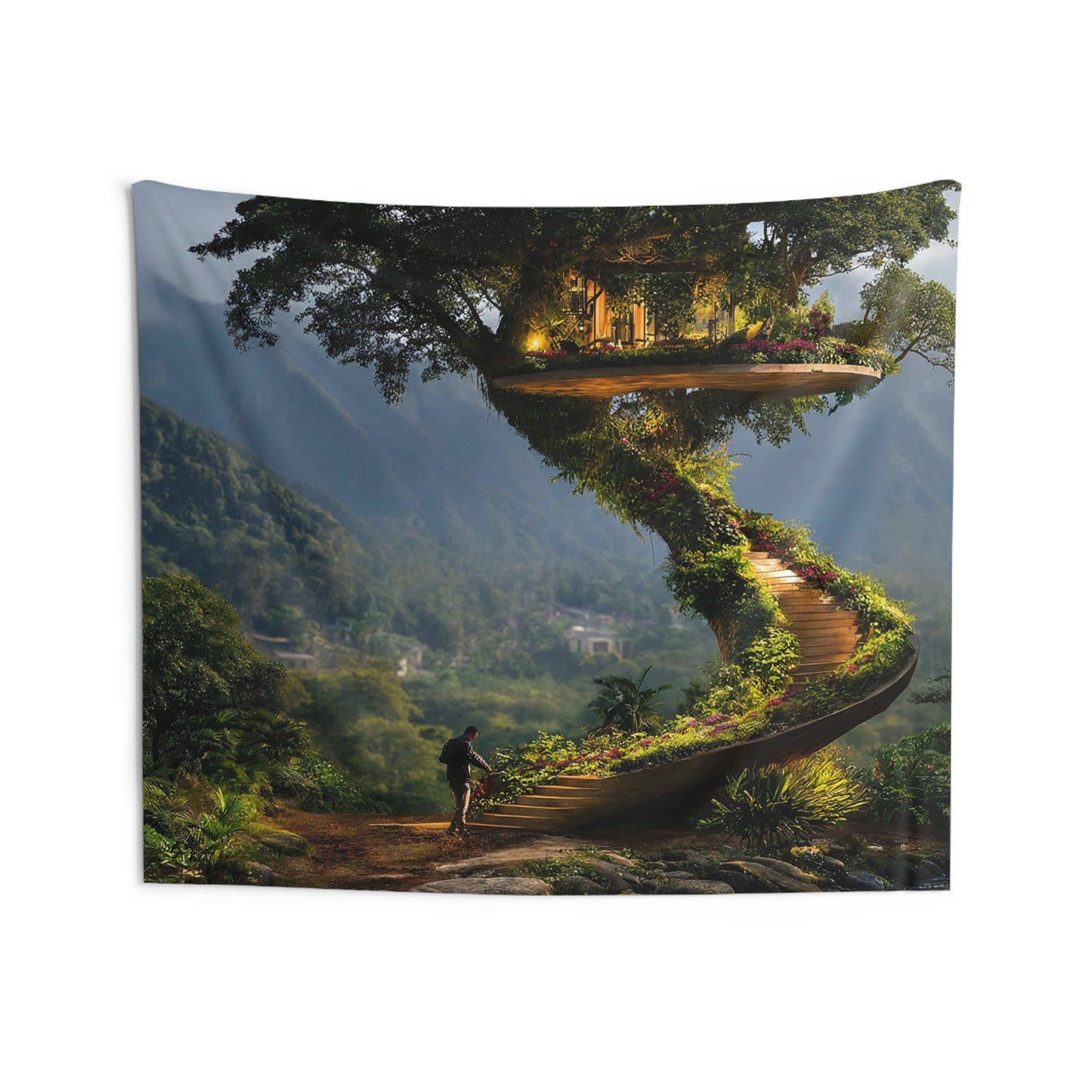 Treehouse Sanctuary Indoor Wall Tapestries – Spiral Staircase to a Mountain Dwelling
