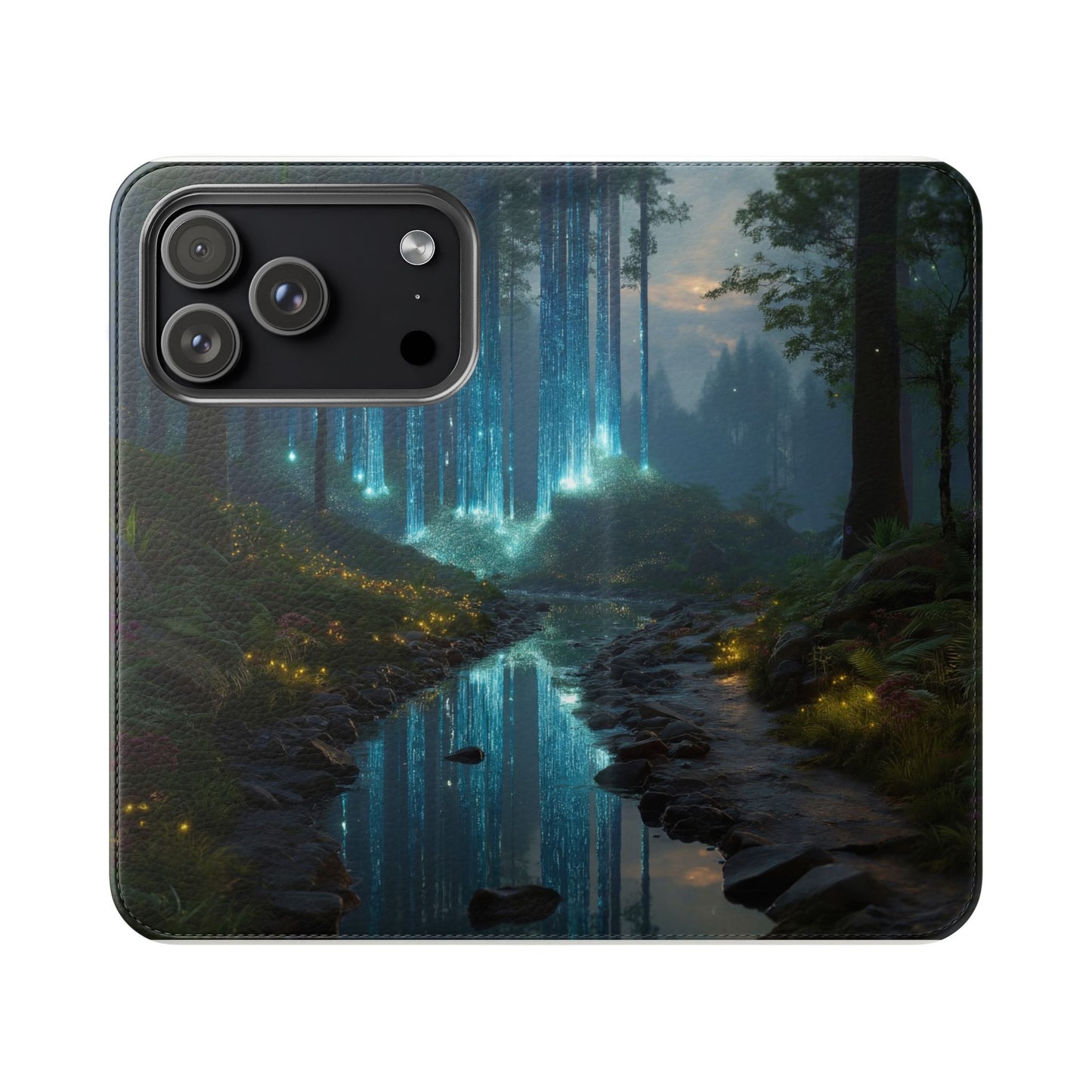 Bioluminescent Forest Flip Cases – Cyan Lightfall Stream Cover