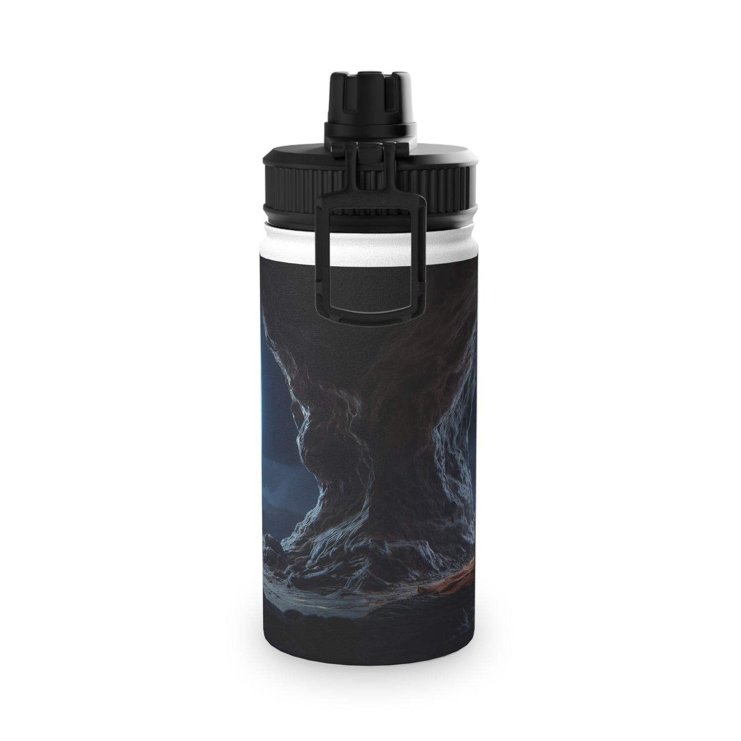 Moonlit Monk Stainless Steel Water Bottle, Sports Lid – Serene Cave Meditation Scene
