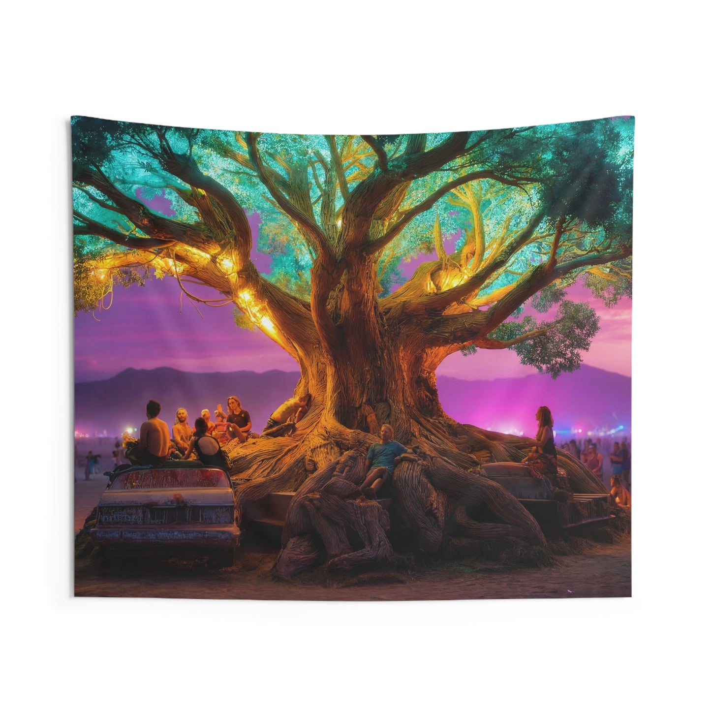 Celestial Tree of Light Indoor Wall Tapestries – Twilight Gathering Under Neon Canopy