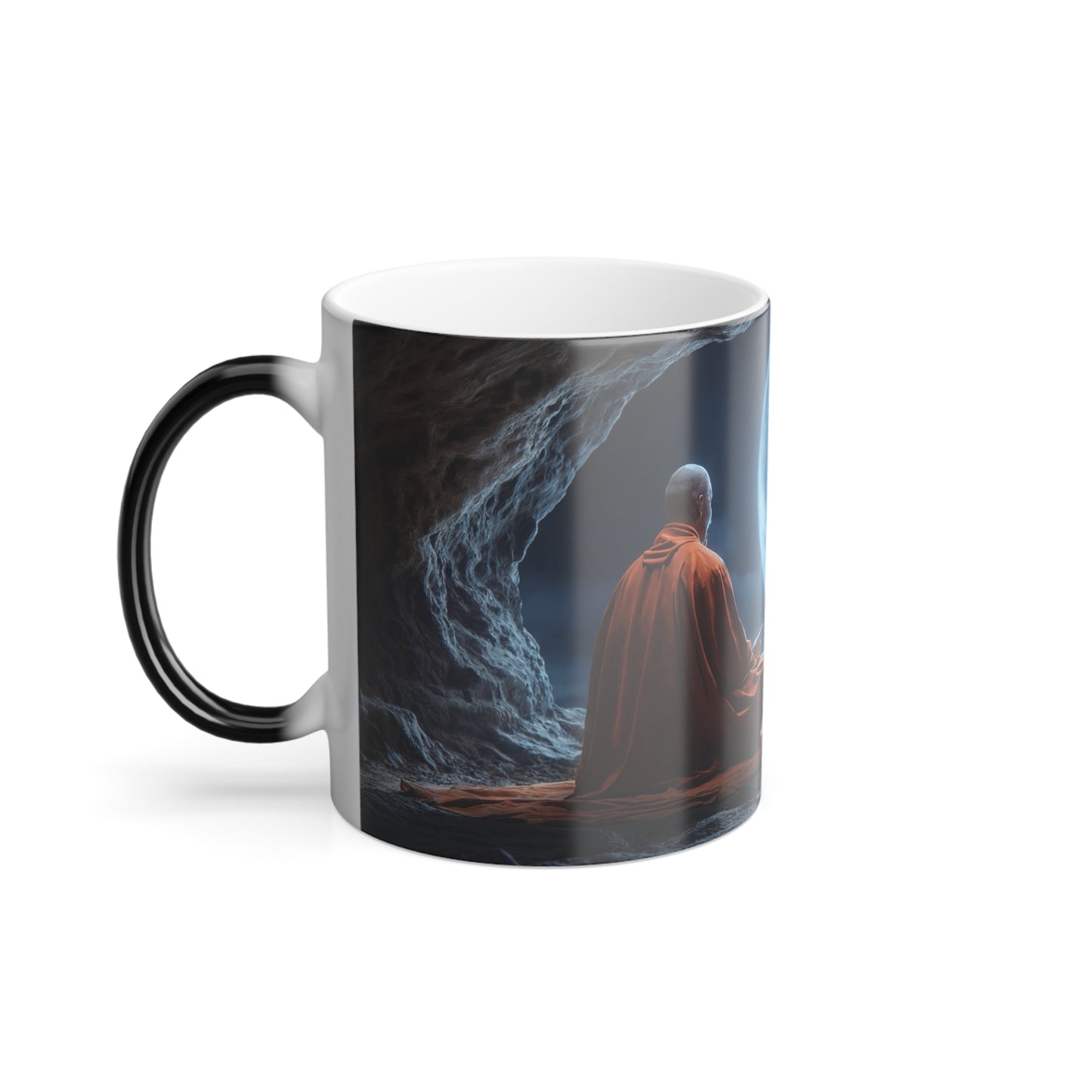 Moonlit Monk Meditation Mug – Serene Cave Illuminated by Celestial Glow