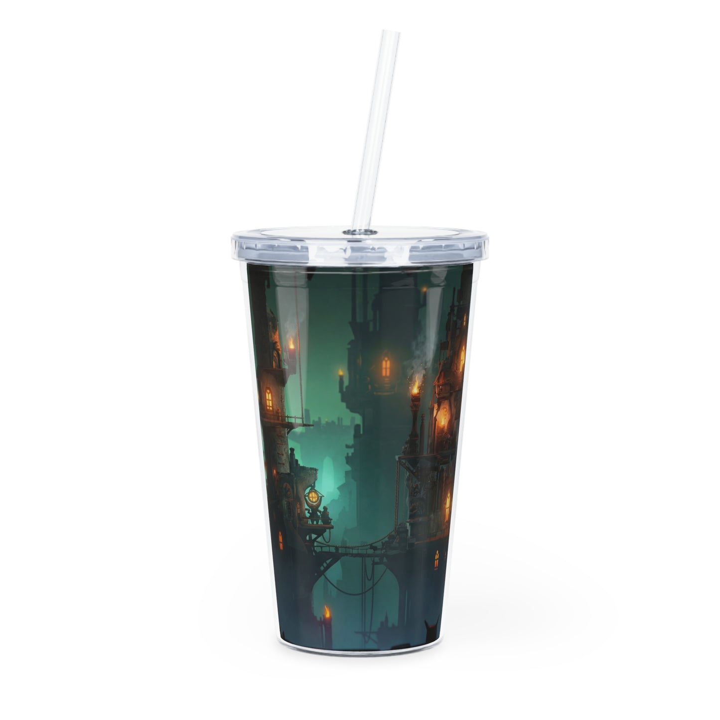 Floating City at Dusk Plastic Tumbler with Straw – Warm Lights in the Misty Sky