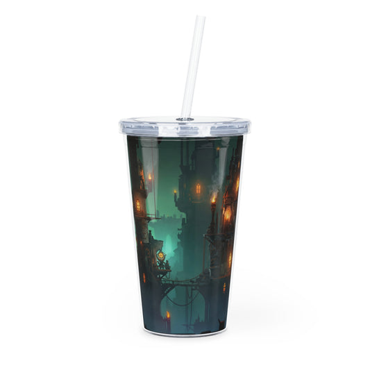 Floating City at Dusk Plastic Tumbler with Straw – Warm Lights in the Misty Sky