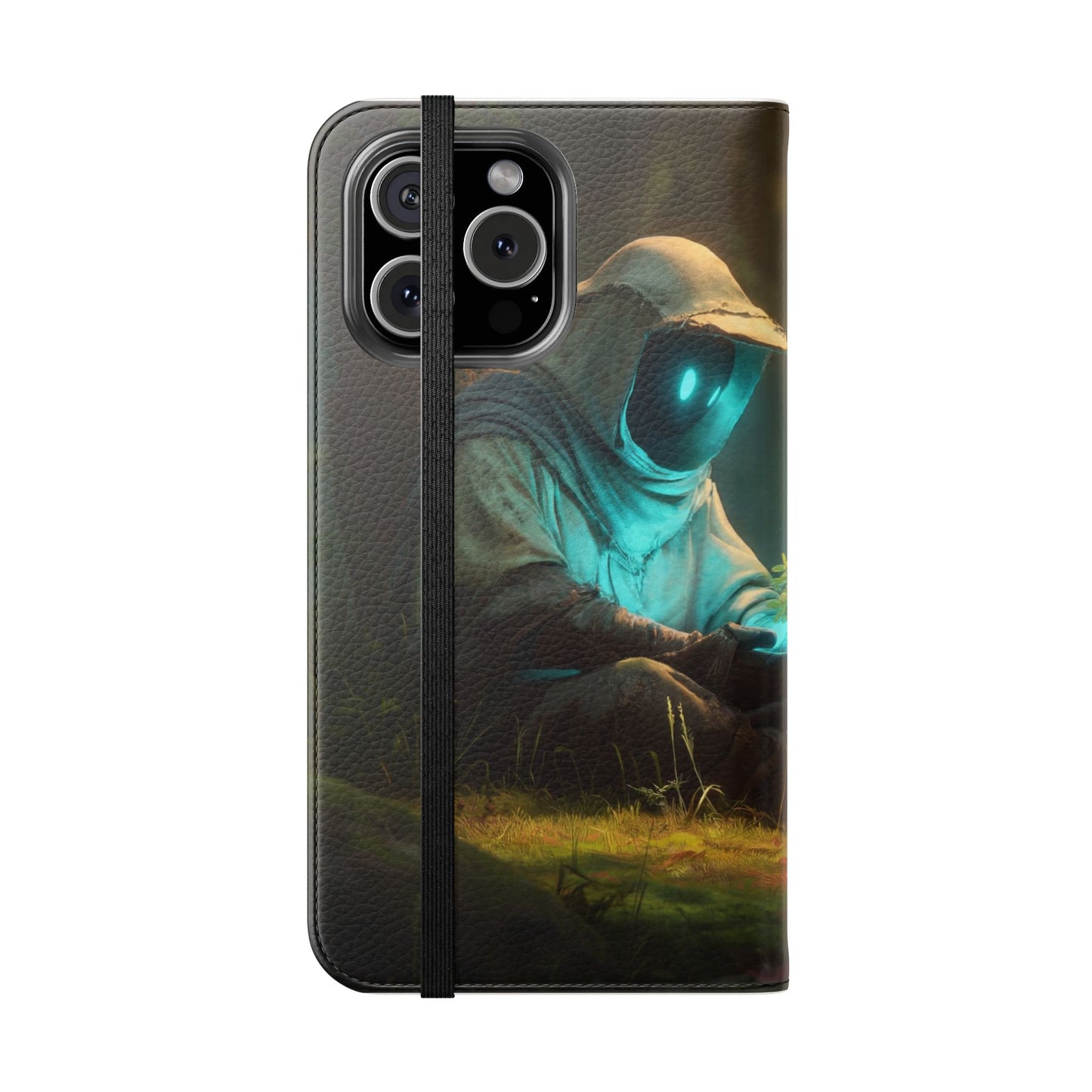Glowing Orb Hooded Guardian Flip Cases – Bioluminescent Forest Keeper