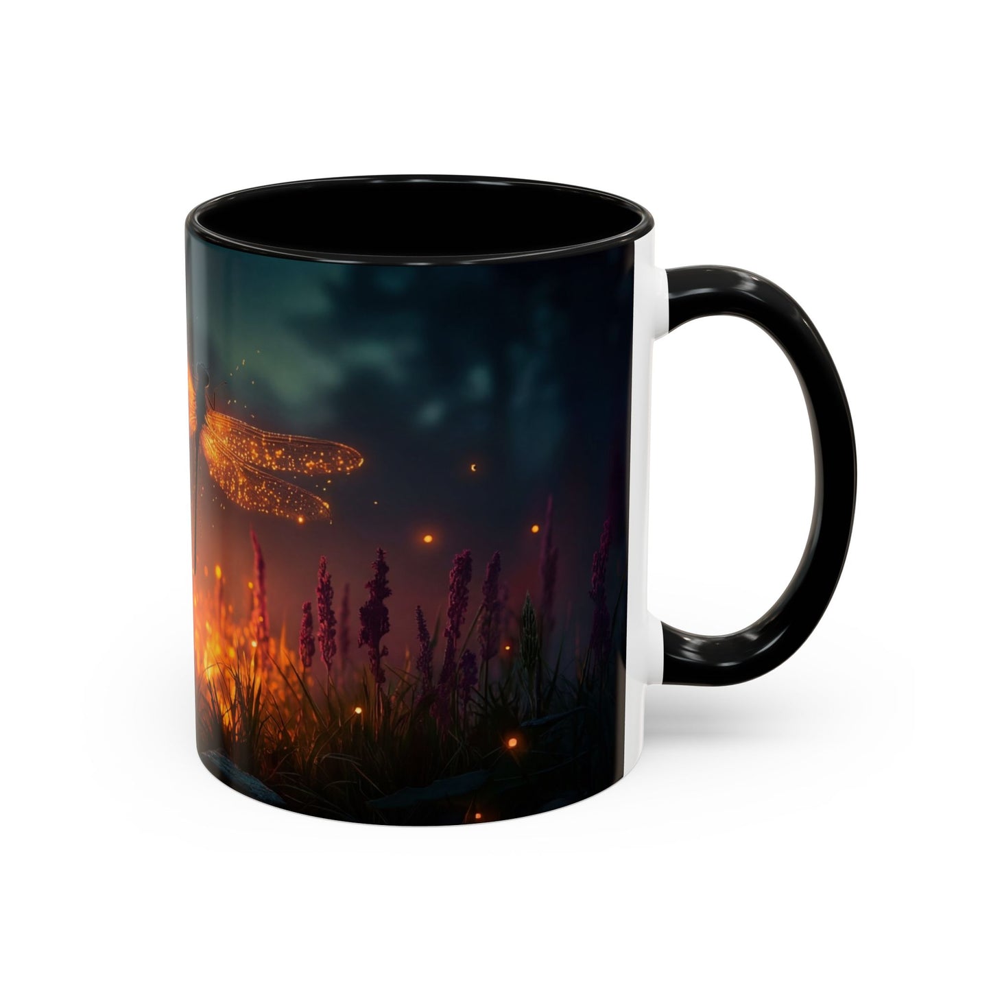 Firefly Dragonfly Accent Coffee Mug (11, 15oz) – Twilight Luminescence Over Meadow