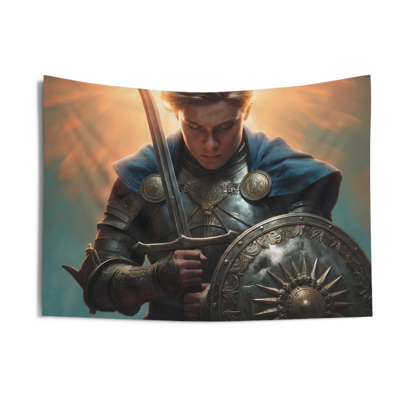 Radiant Knight Indoor Wall Tapestries – Dawn’s Last Light Before Battle