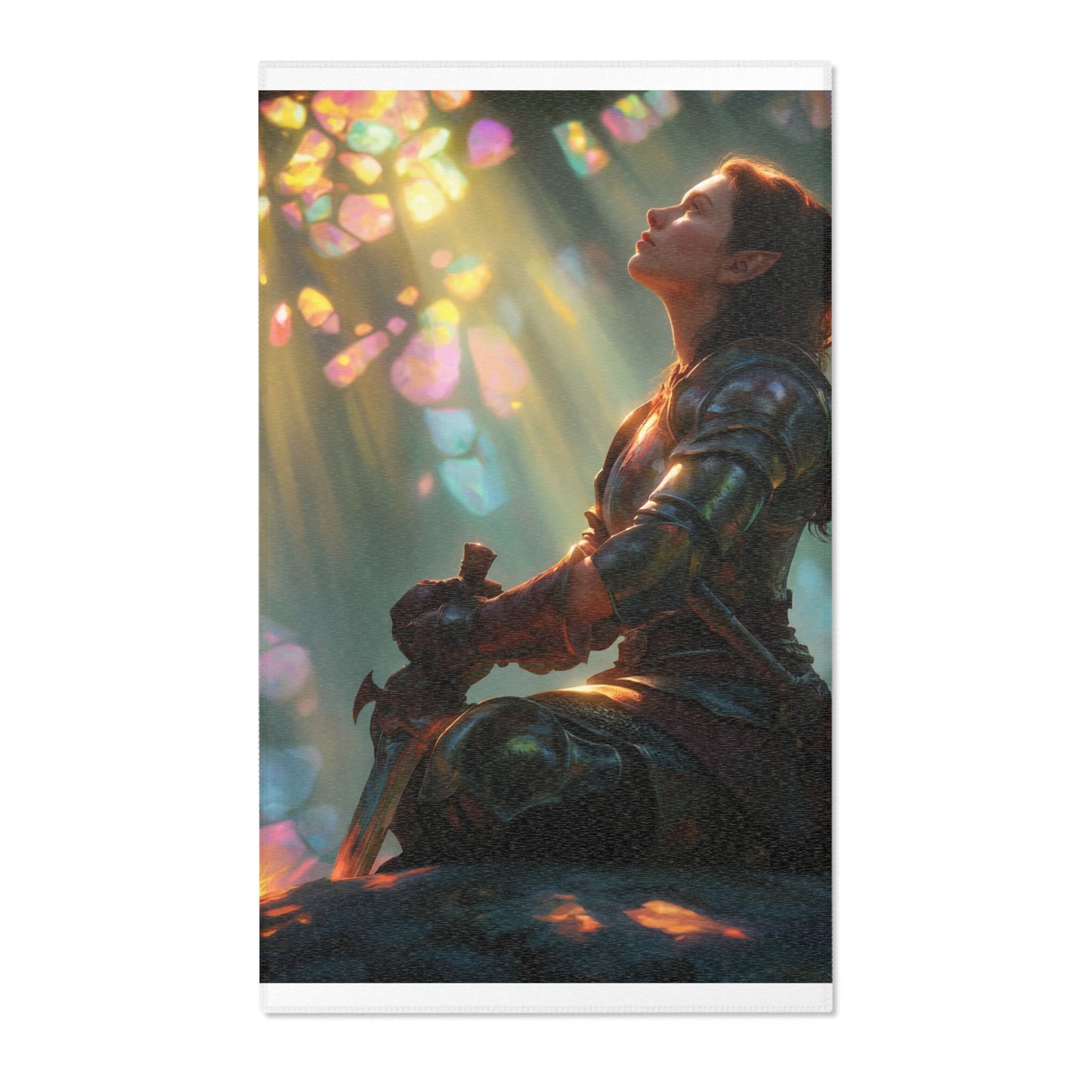 Elf Knight and Dragon Companion Area Rug – Sunlit Crystal Grove Sanctuary