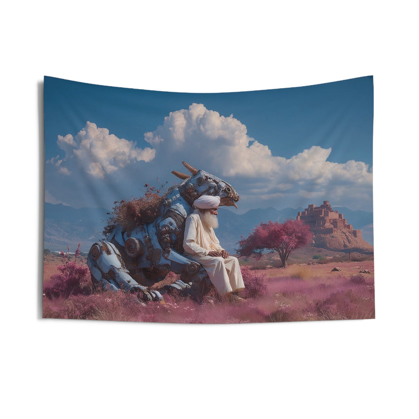Sage on Mechanical Steed Indoor Wall Tapestries – Whispers of a Forgotten Desert