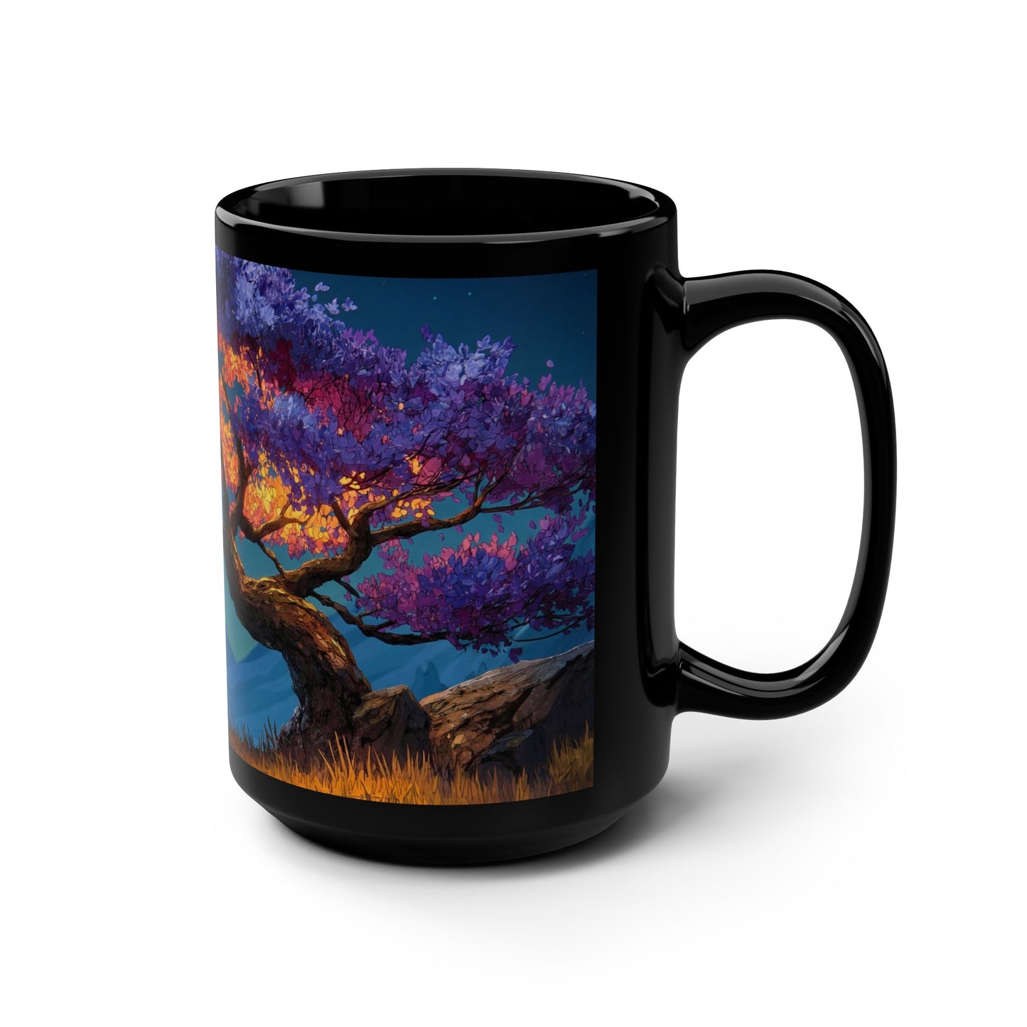 Twilight Bloom Black Mug, 15oz – Violet Canopy and Golden Glow