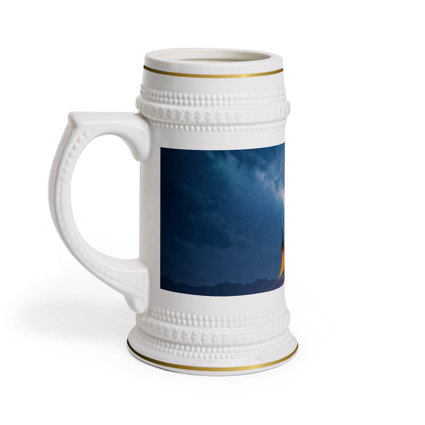 Starlit Campfire Stein Mug – Glowing Canvas Tent Under Milky Way
