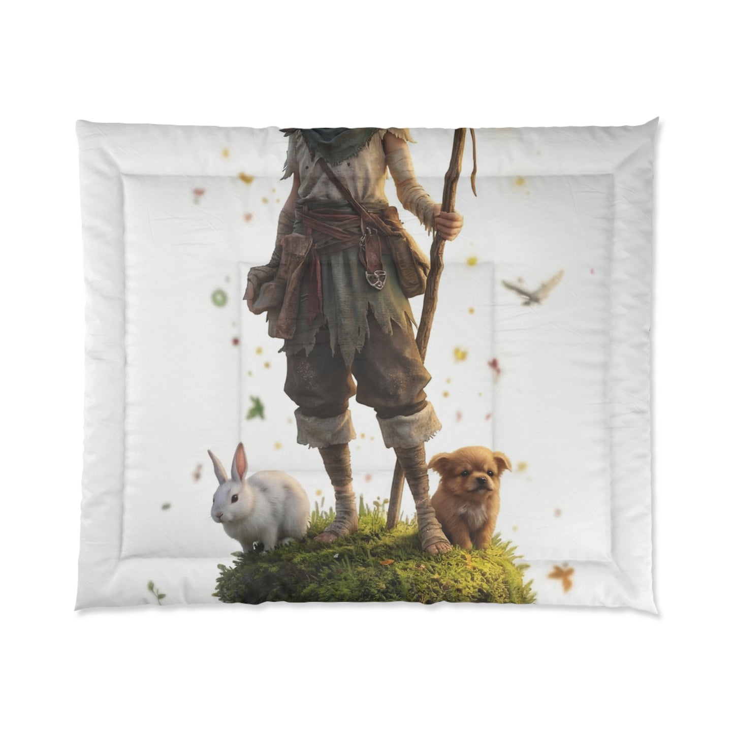 Forest Sentinel Comforter – Luminescent Deer-Horned Child Amid Mossy Rock