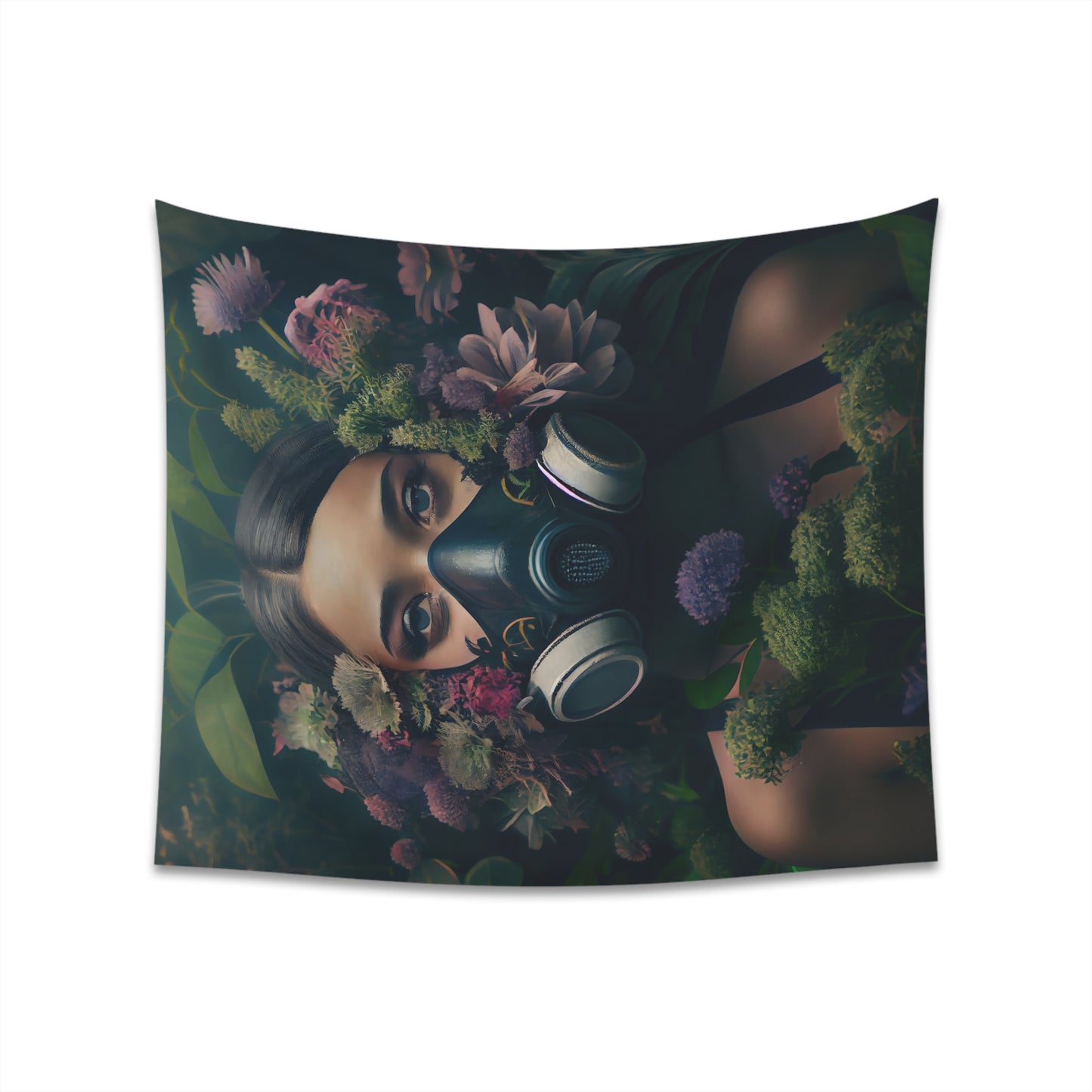 a beautiful woman wearing a gas mask filled with plants and flowers and moss - Printed Wall Tapestry