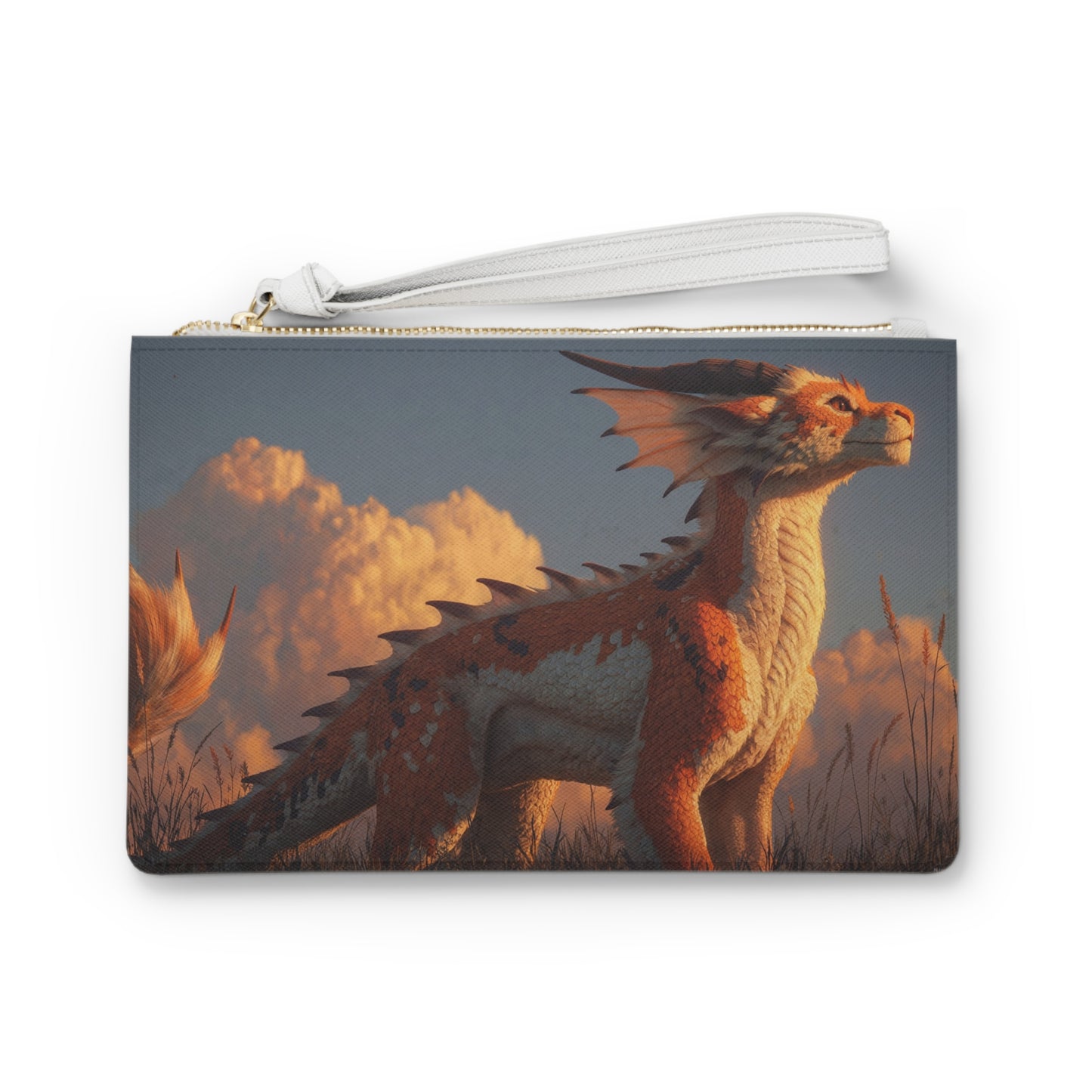 Sunset Sentinel Clutch Bag – Warm-Blaze Dragon in Golden Grass