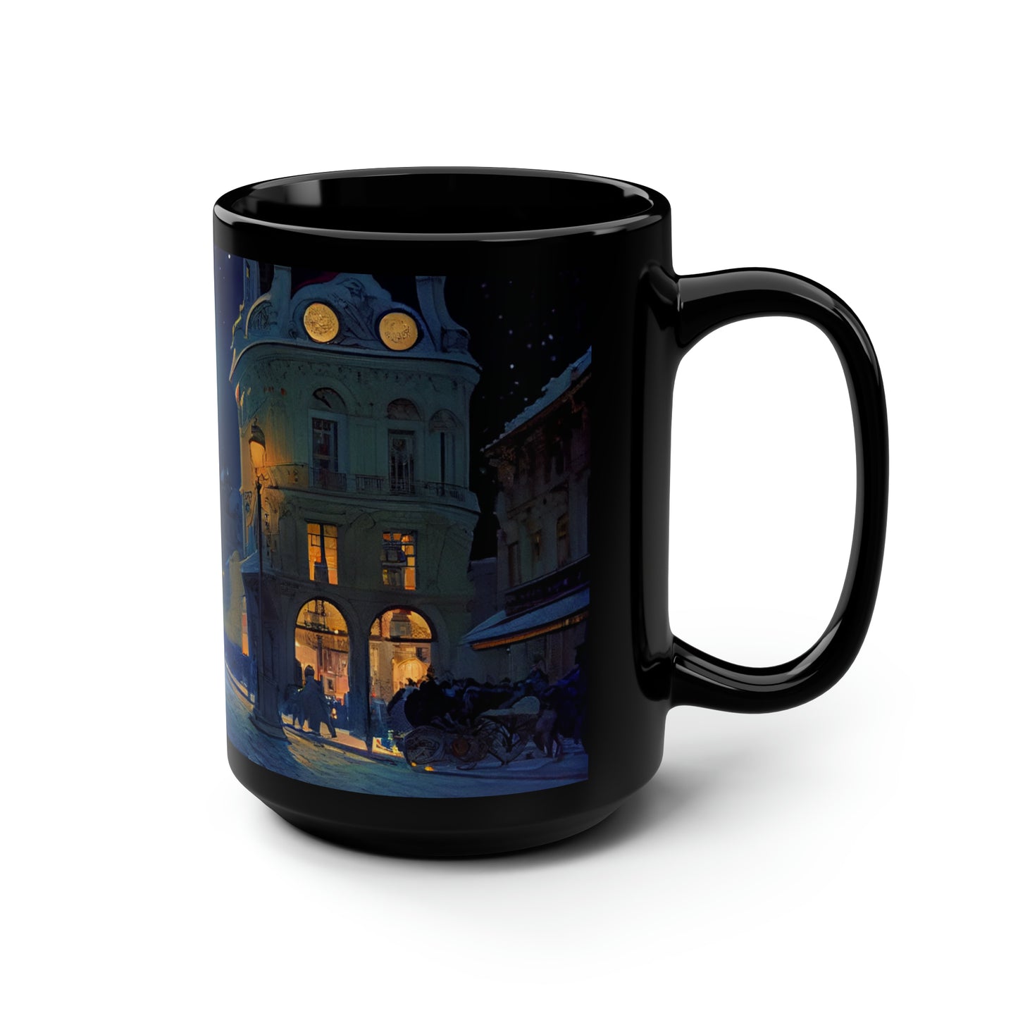 streets of paris at night, winter, glowing lights, moon and stars, dramatic lighting, epic composition, wide angle, by alphonse mucha, maxfield parrish -  black mug, 15oz