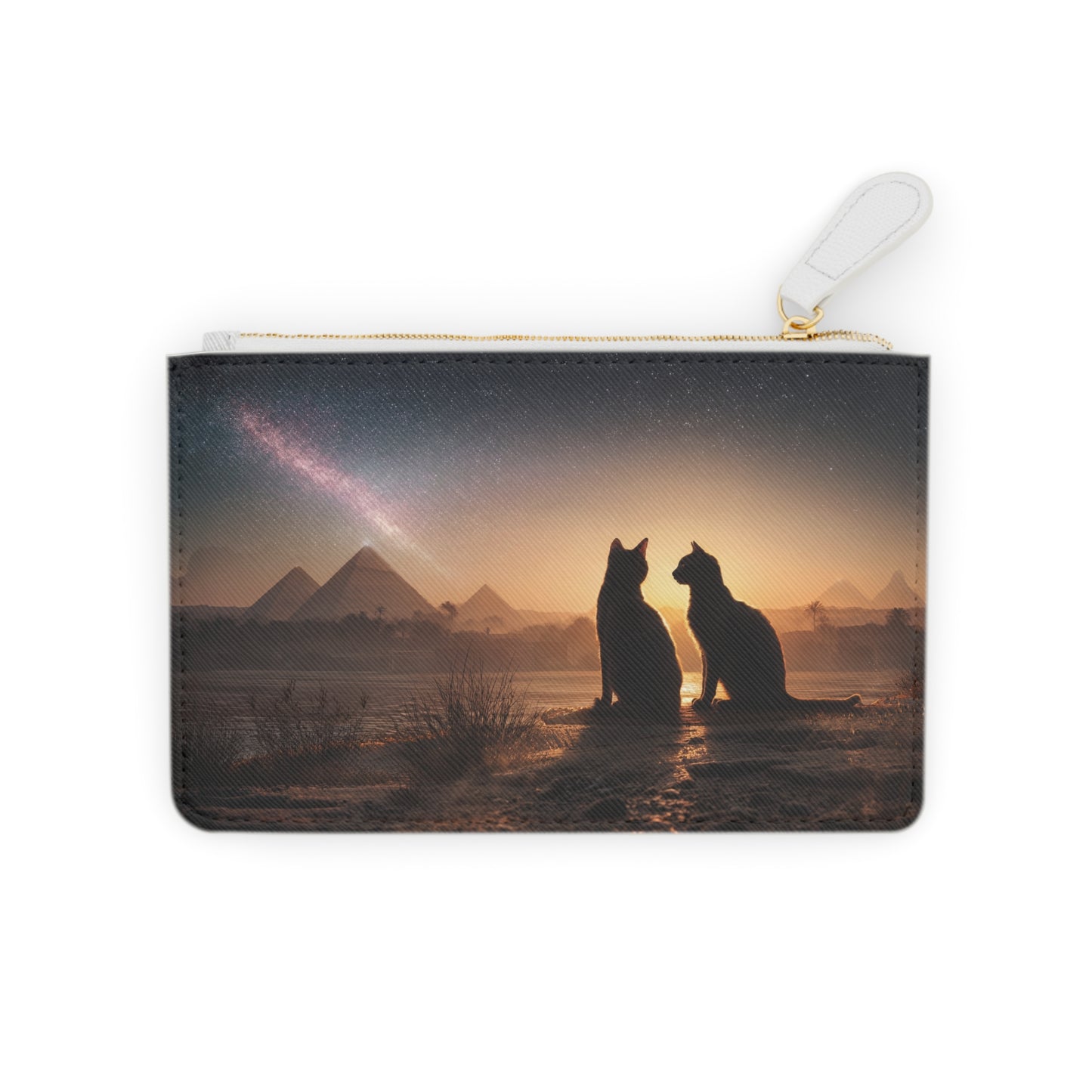 Starlit Pyramids Cat Mini Clutch Bag – Ancient Skywatchers in Golden Twilight
