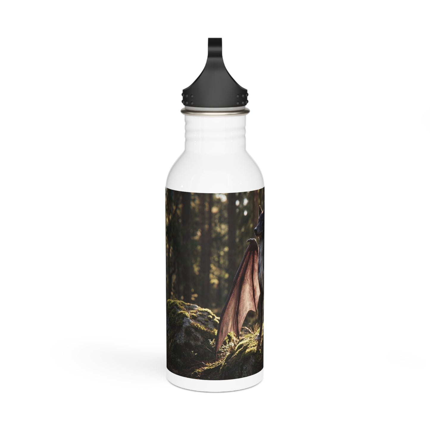 Winged Wolf in Sunlit Forest Stainless Steel Water Bottle – Guardian of the Mossy Glade
