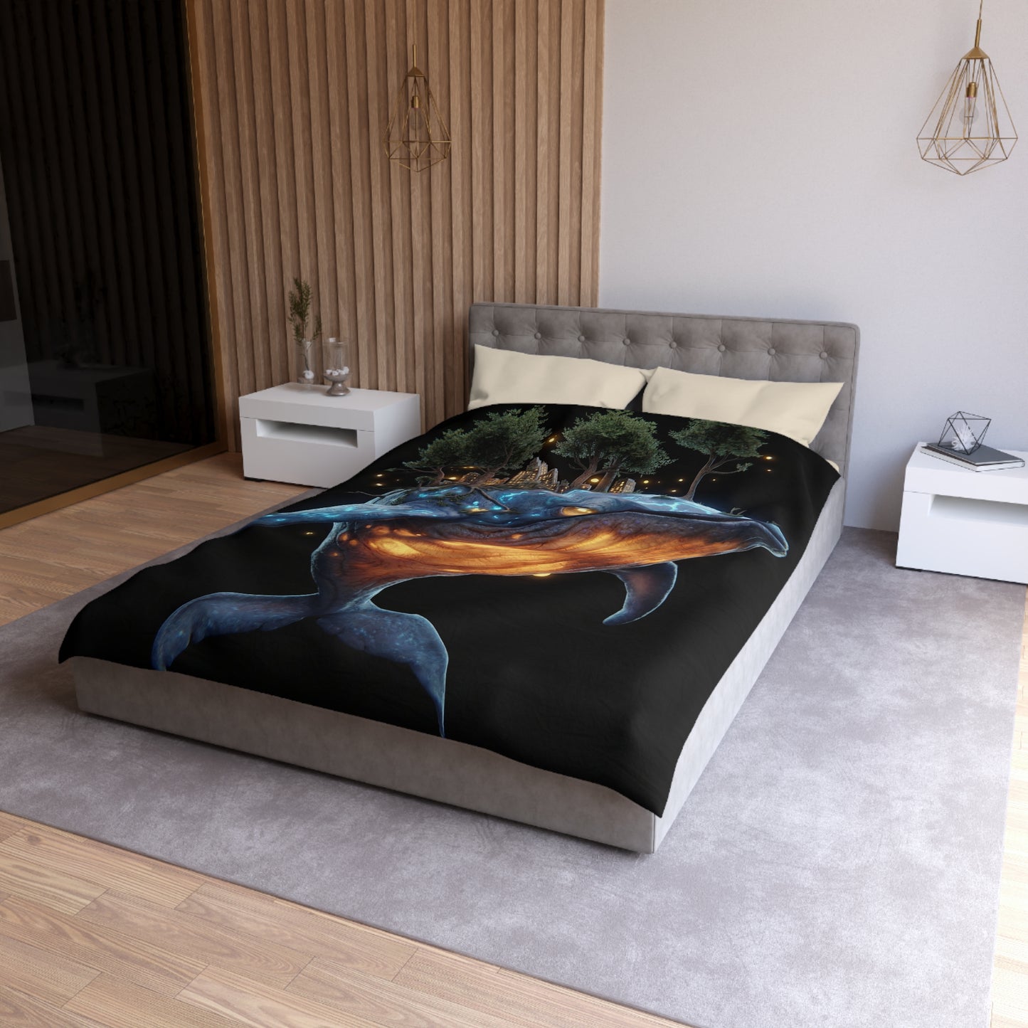Bioluminescent Whale Sanctuary Duvet Cover – Floating City on a Gentle Giant