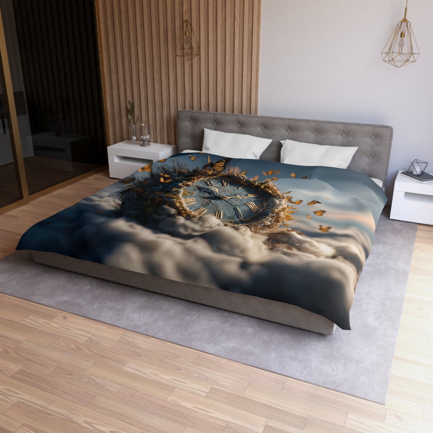 Butterflies & Timepiece Duvet Cover – Where Seasons Bloom in Twilight