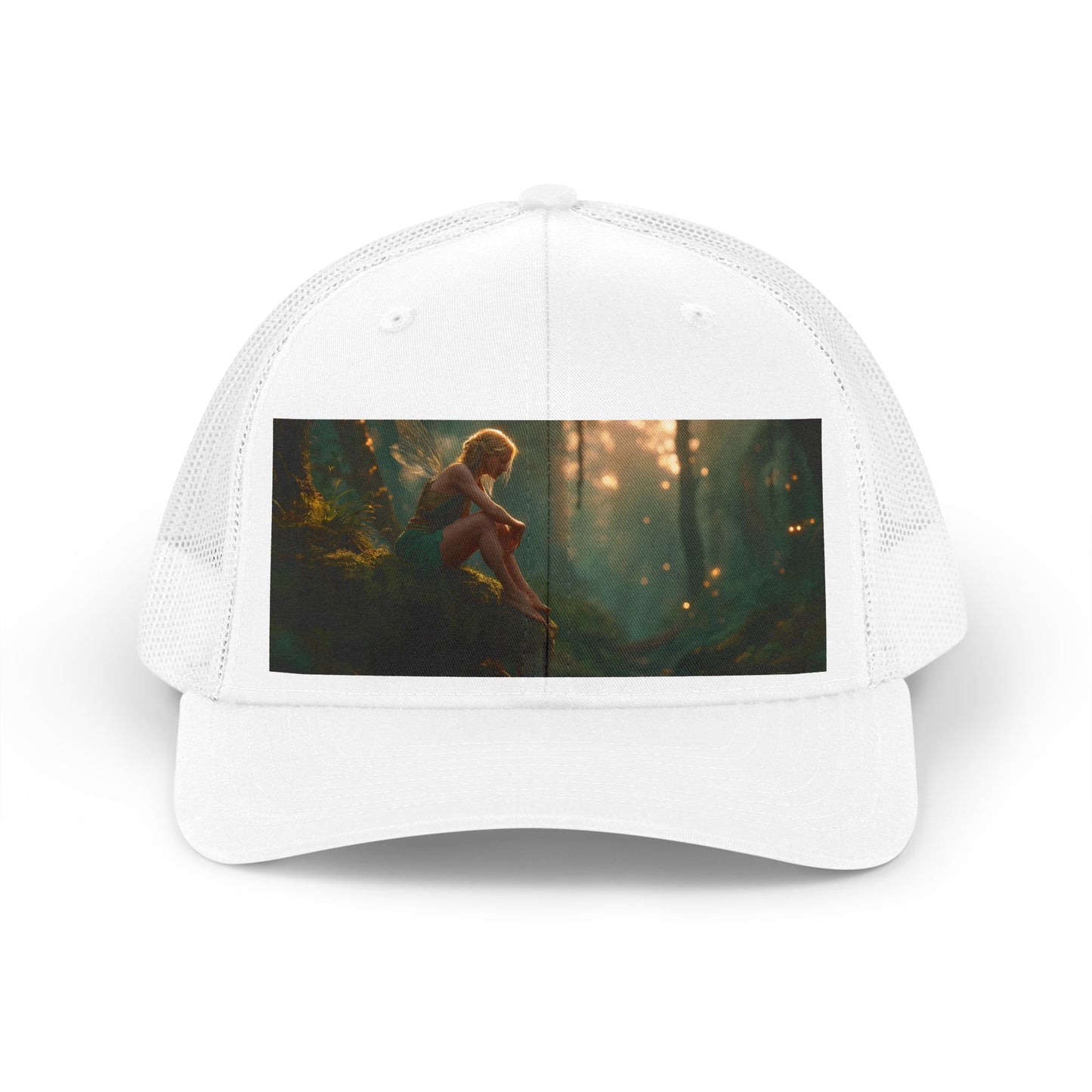 Mossy Bank Fairy Trucker Retro Hat – Golden Twilight Forest Guardian