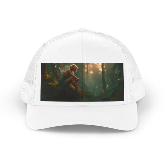 Mossy Bank Fairy Trucker Retro Hat – Golden Twilight Forest Guardian