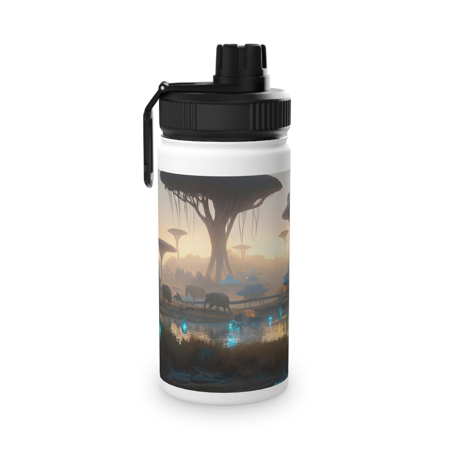 Elephants of the Bio-Luminescent Savanna Stainless Steel Water Bottle, Sports Lid – Twilight Oasis