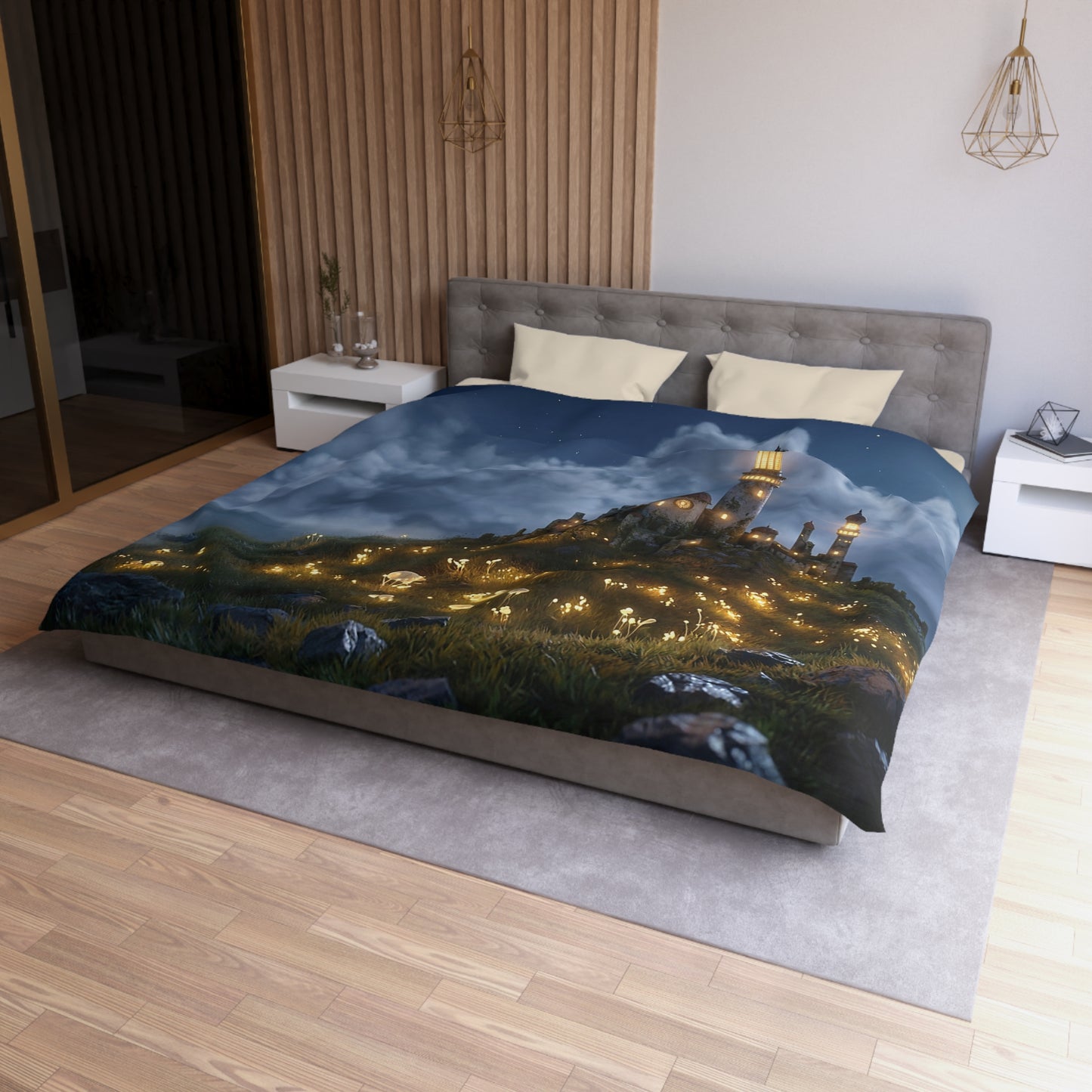 Luminous Castle Duvet Cover – Moonlit Keep Amidst Glowing Meadow