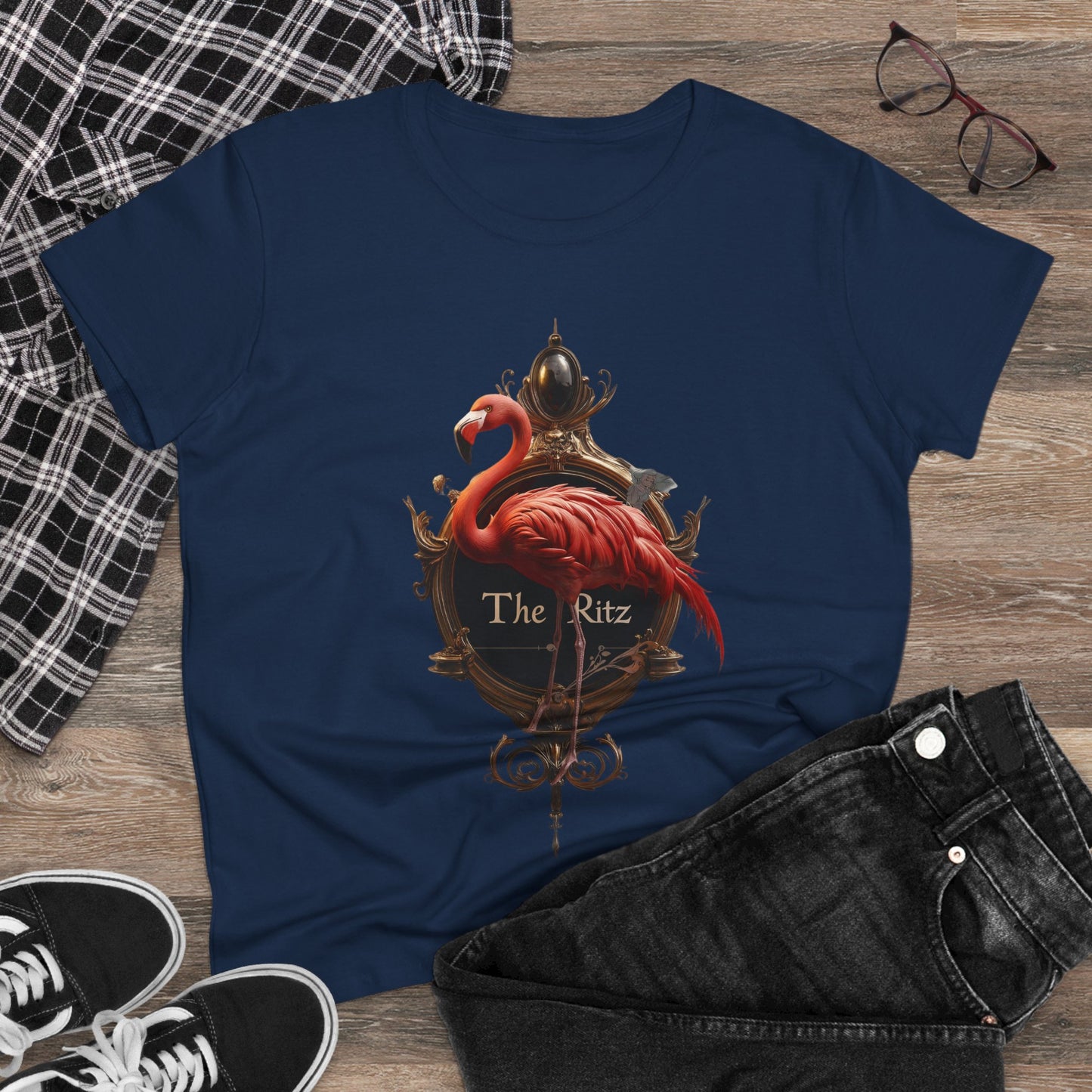 Scarlet Flamingo Ornate Clock Tee – The Ritz Midnight Sentinel Women's Midweight Cotton Tee