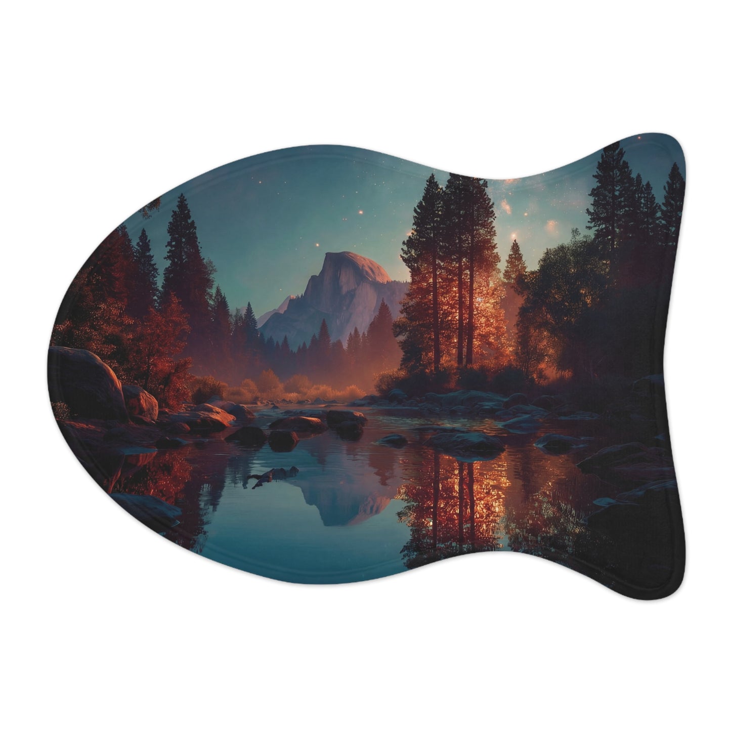 Starlit Yosemite River Mat – Crimson Twilight Reflections