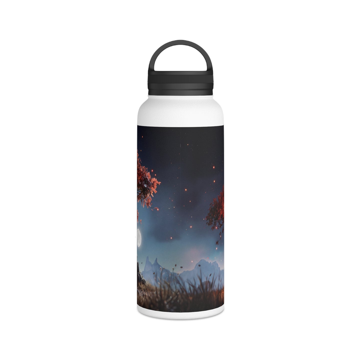 Whispering Flame Tree Stainless Steel Water Bottle, Handle Lid – Moonlit Campfire Sanctuary