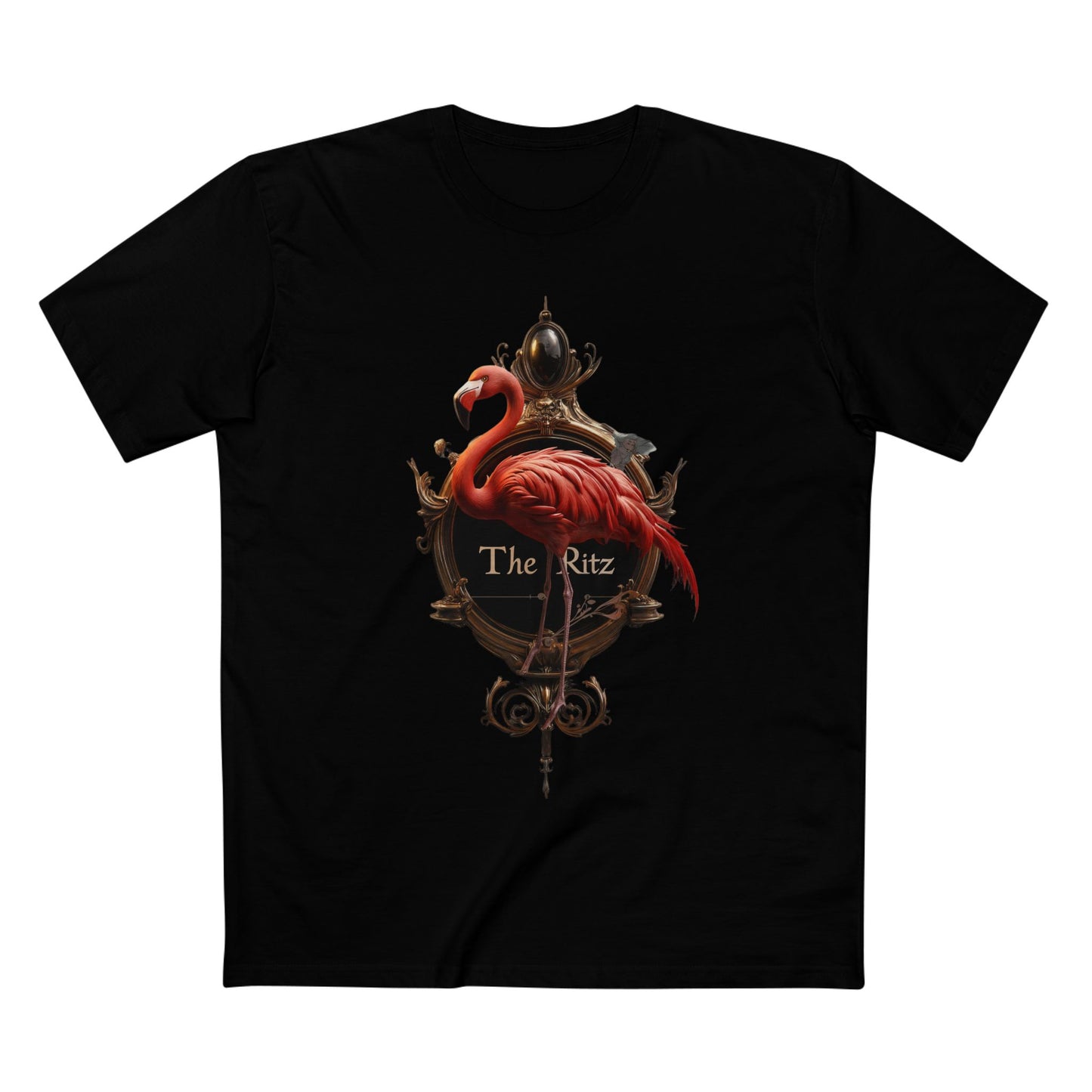 Crimson Flamingo The Ritz Tee – Ornate Gold Crest & Elegant Bird Art