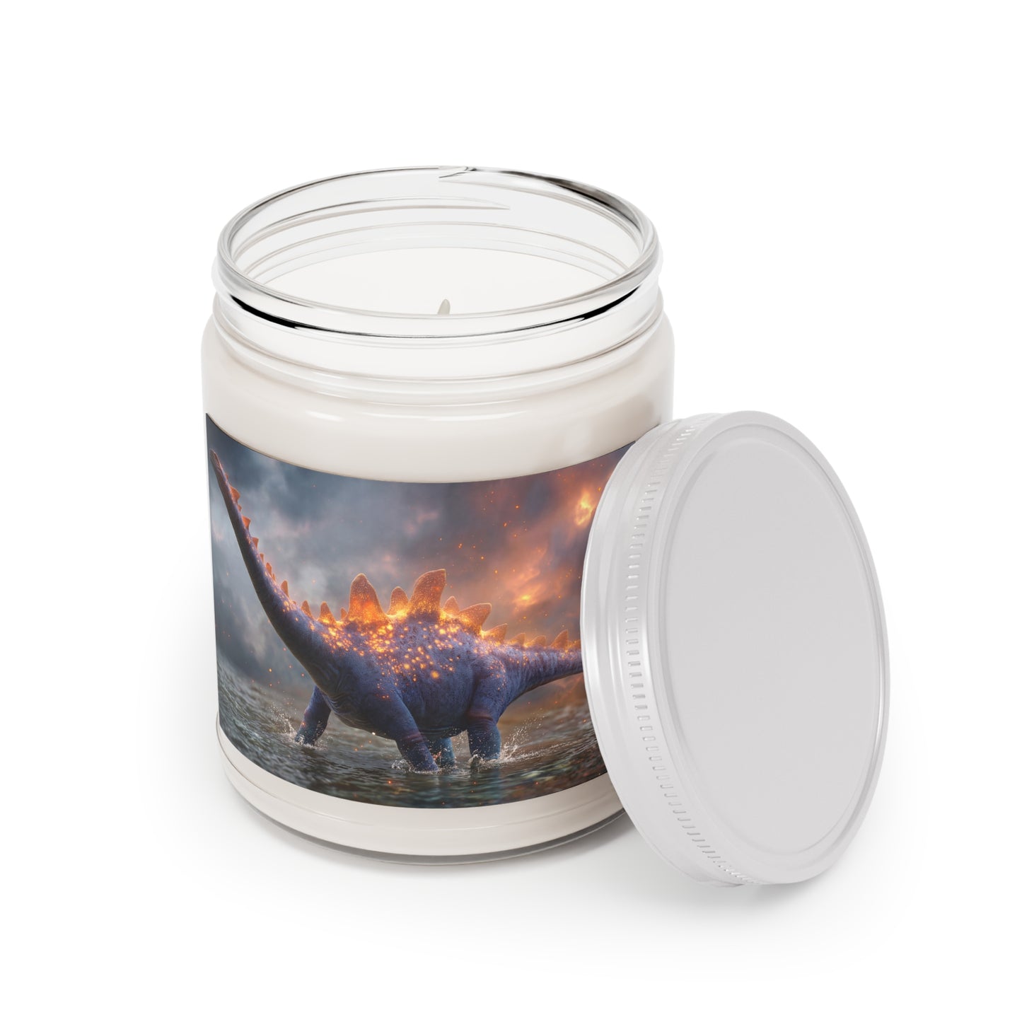 Celestial Stegosaurus Scented Soy Candles with White Lid, 9oz – Amber Glow in the Prehistoric Dawn