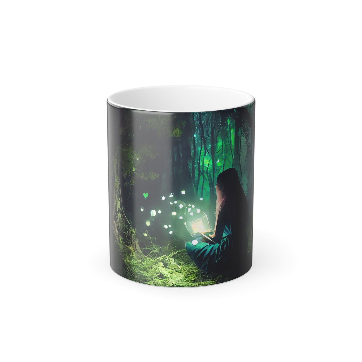 30 year old woman looking into a bright fairytale world, glow, fireflies, dark round frame, green nature, bright forest, highly detailed - Color Morphing Mug, 11oz