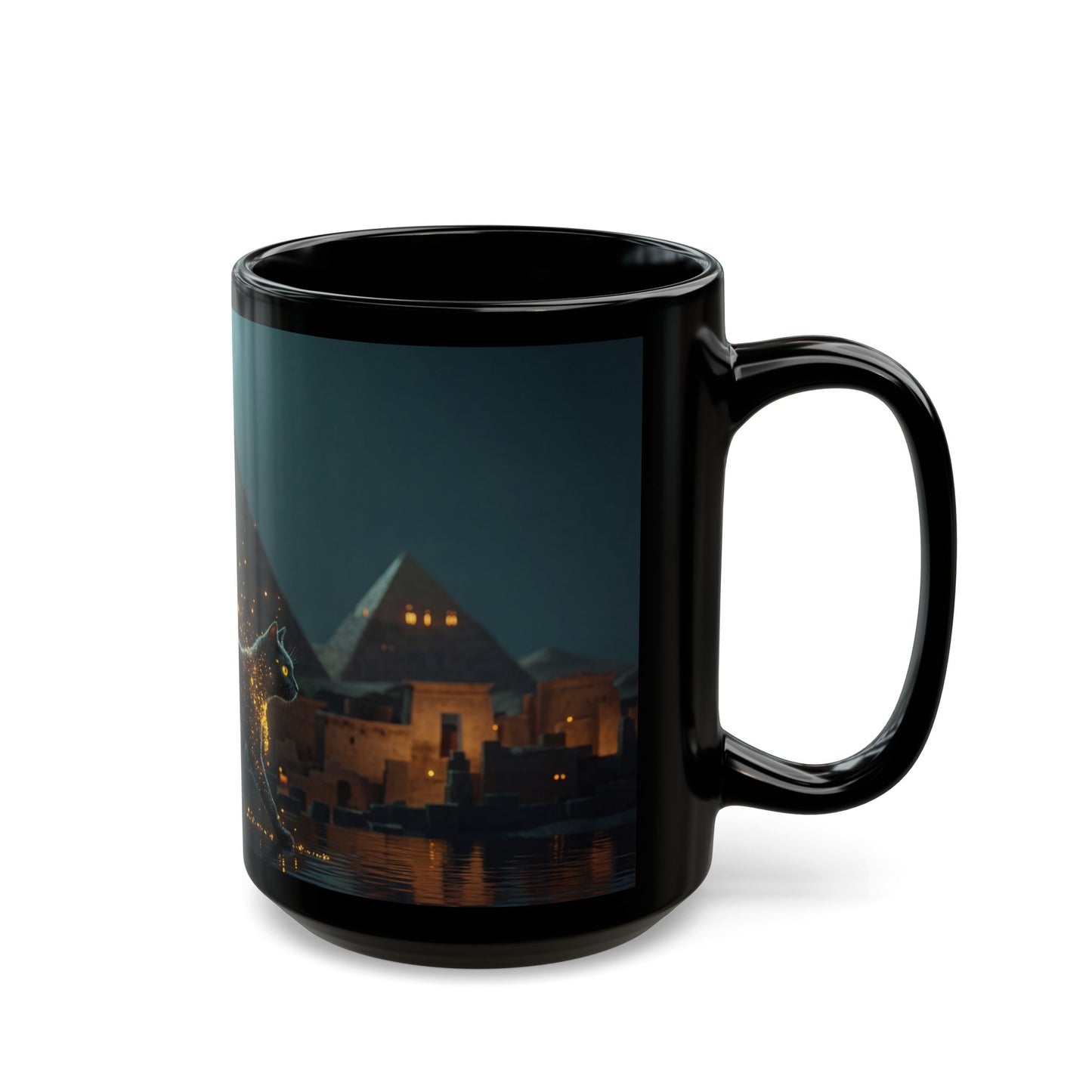 Celestial Cat Black Mug – Moonlit Pyramids Dreamscape