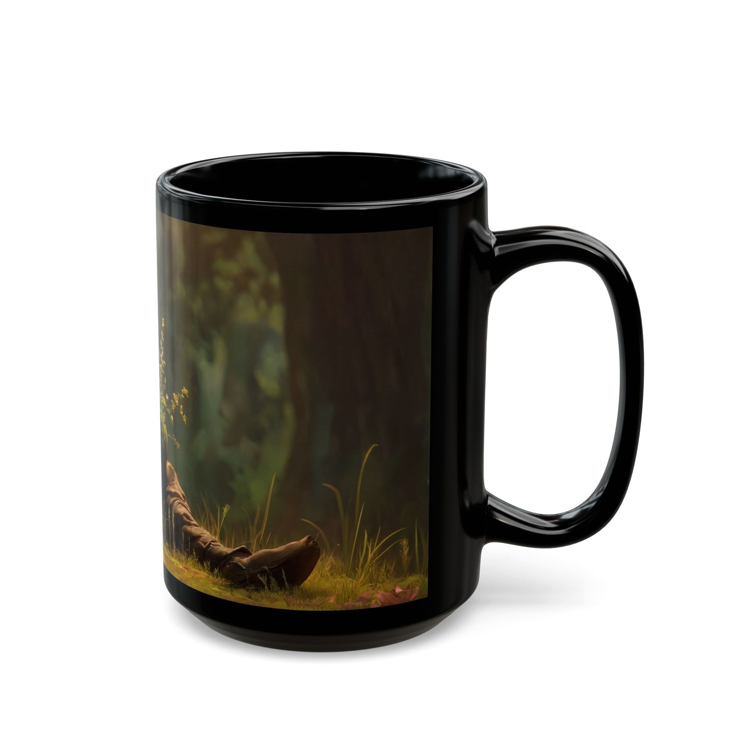 Forest Sentinel Black Mug – Glowing Eye Guardian in Twilight Grove