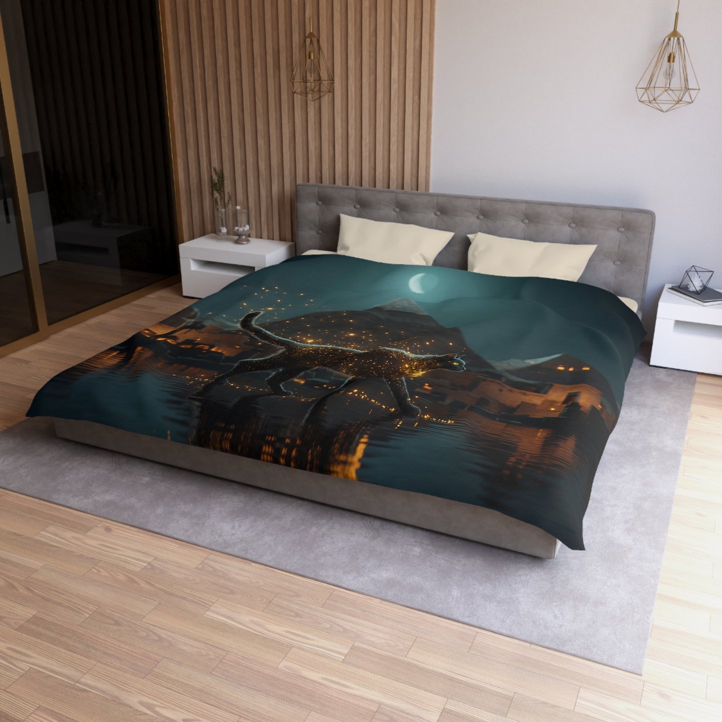 Pharaoh’s Guardian Duvet Cover – Glowing Cat at the Pyramids Microfiber Bedding