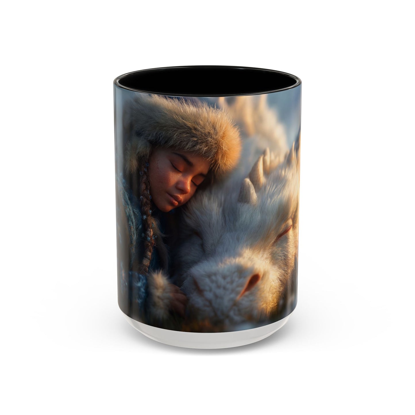 Winter Guardian Accent Coffee Mug (11, 15oz) – Fur-Hooded Child Sleeping Beside White Dragon Sentinel