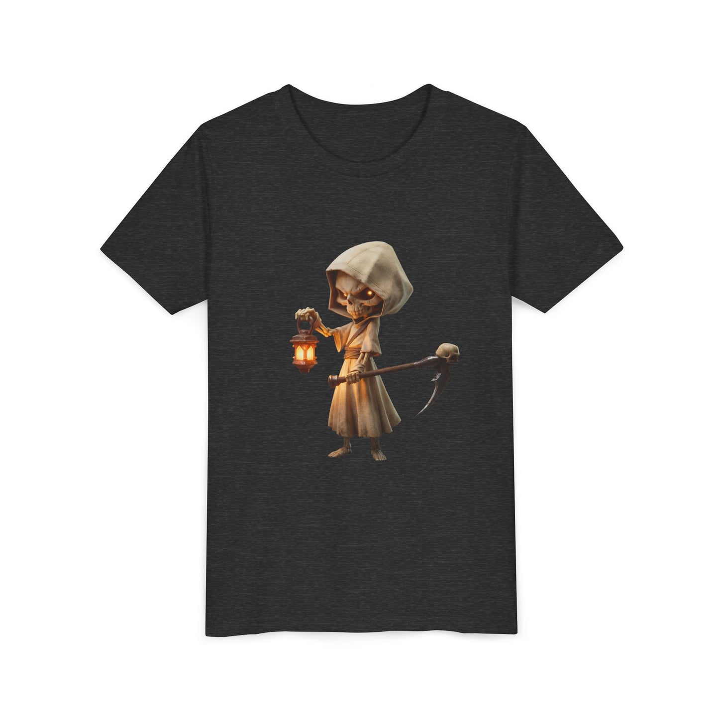Lantern-Bearing Skeleton Youth Short Sleeve Tee – Hooded Reaper with Scythe