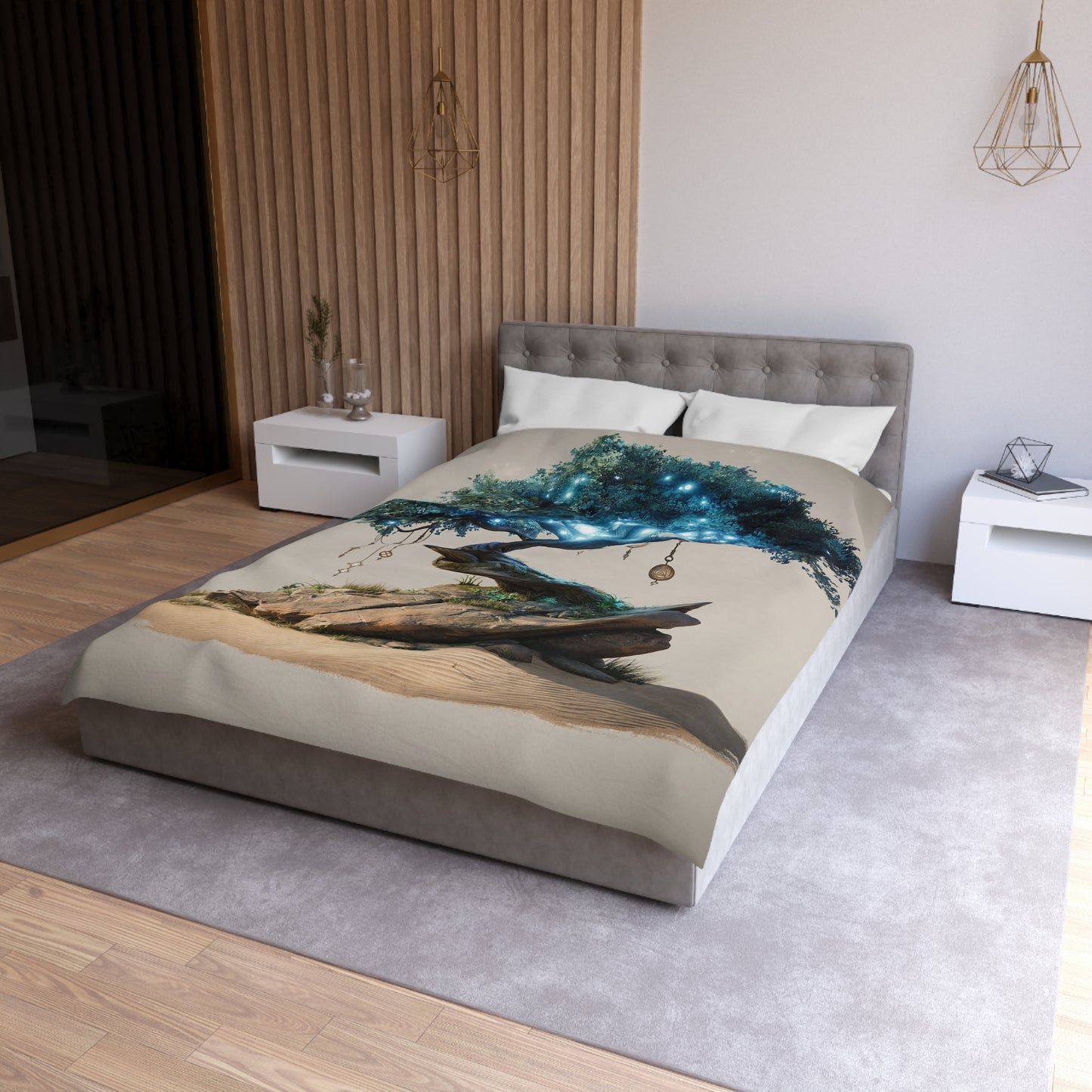 Luminescent Wisdom Tree Microfiber Duvet Cover – Desert Oasis with Glowing Canopy
