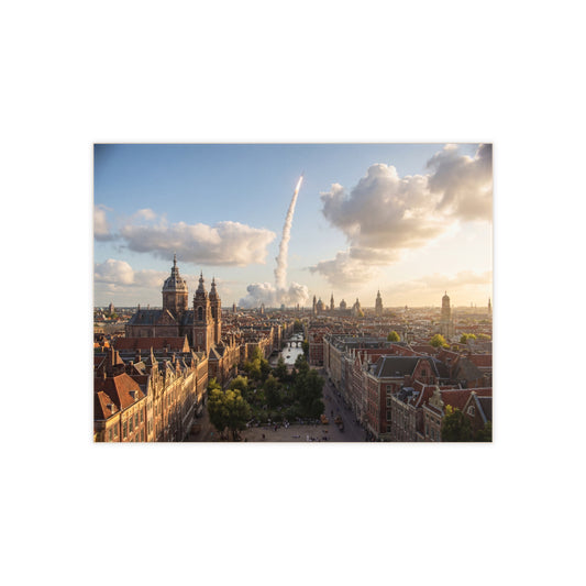 Rocket Through Amsterdam Skyline Ceramic Photo Tile – Dawn’s Unseen Launch